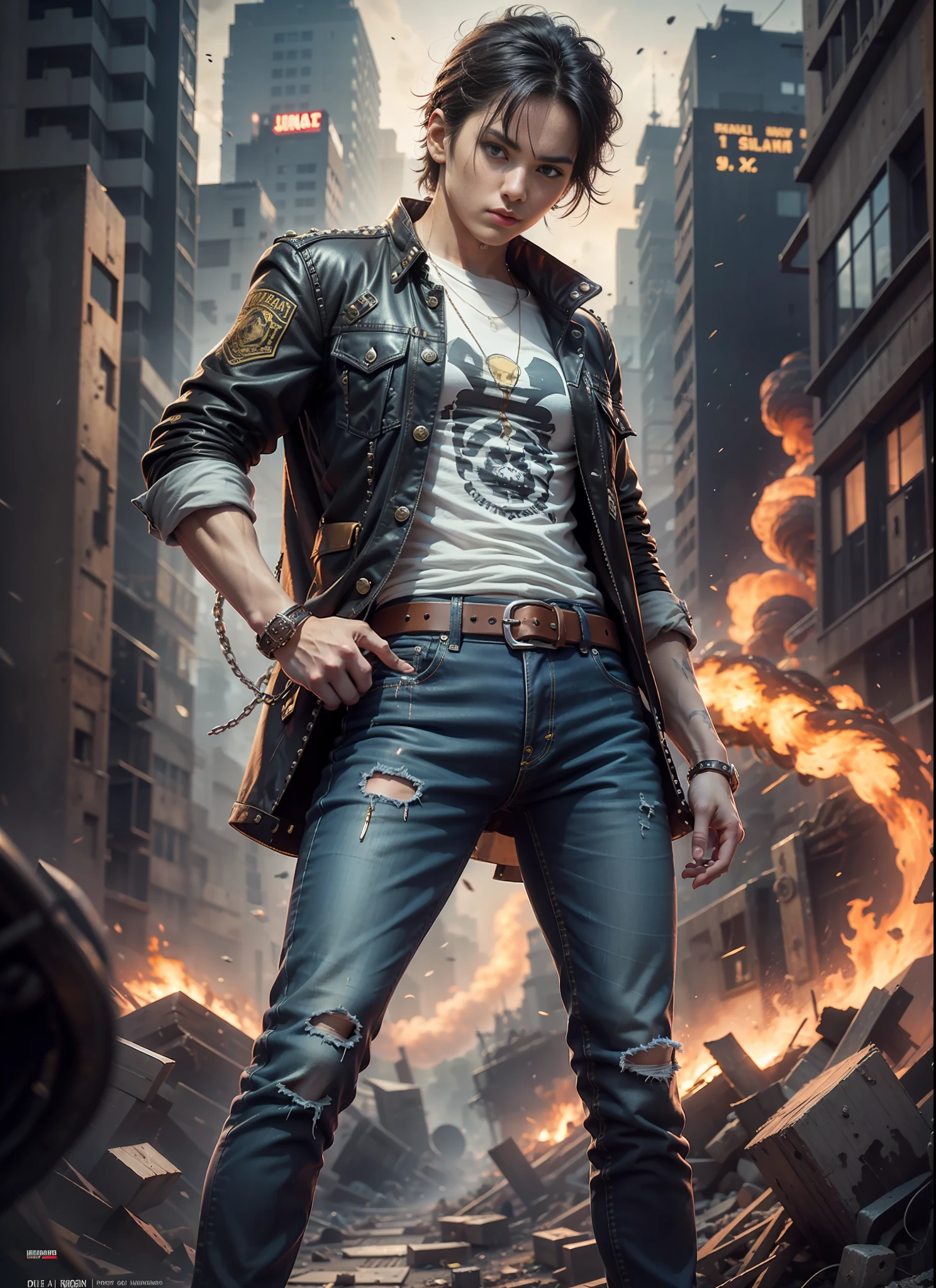 Movie poster, jungle city, lion warrior, black jeans, belt, long t-shirt, long coat, rivets, holster, rivets, explosions, jungle, ruins, just one body, night