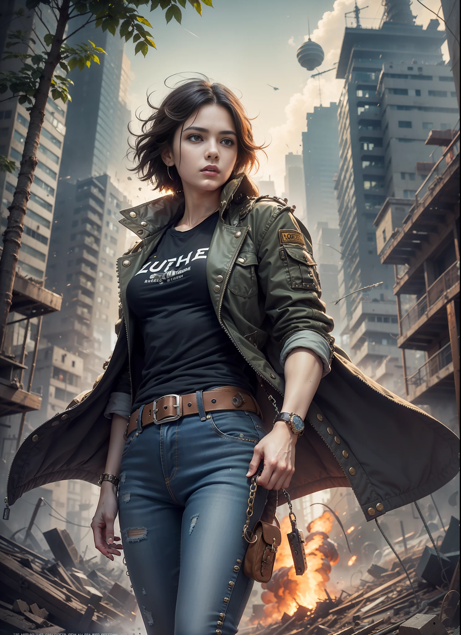 Movie poster, jungle city, lion warrior, black jeans, belt, long t-shirt, long coat, rivets, holster, rivets, explosions, jungle, ruins, just one body, night