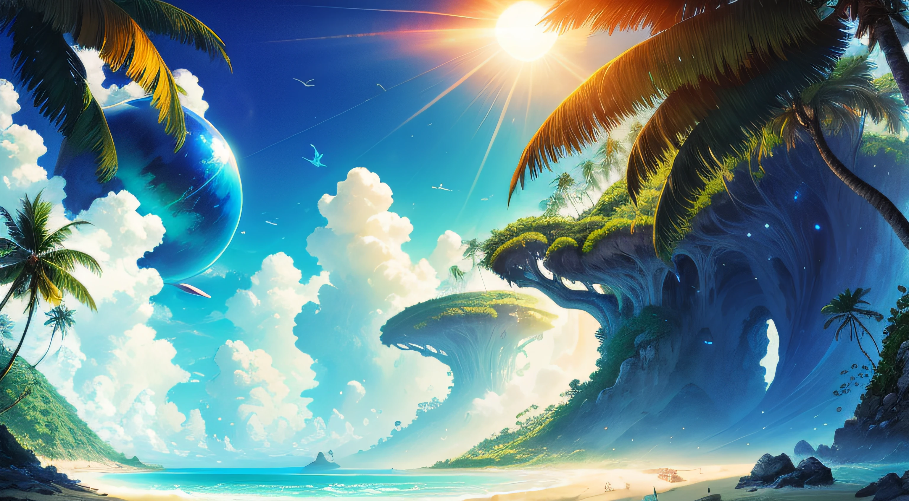 otherworldly,abnormal,surreal,Concept Art,Fantasy,Wallpaper,Parallel World,Surreal Art,Absolutely enchanting beach, crystal clear sea sea gently kisses the coast, sandy white beach stretches far away. The scene is dynamic and breathtaking, with palm trees gently swaying. Take in the calm atmosphere and wash away the peace, tropical beach, crystal clear water beach, white sand, bright sunlight, very sunny, summer sun, tropical jungle, , alien tropical world, beautiful beach, sunlight, summer, alien tropical plants, tropical alien otherworldly plants, concept art, fantasy, extreme details, magnificent composition, ( Intricate Detail), (Intricate Design, Ultra Detail: 1.2), (Masterpiece, Best Quality), Ultra HD, 32K --v 6