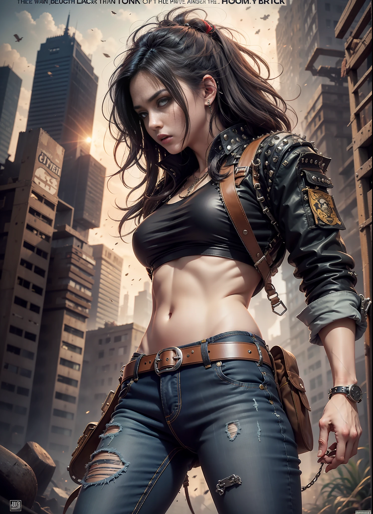 Movie poster, jungle city, lion warrior, black jeans, belt, long t-shirt, long coat, rivets, holster, rivets, explosions, jungle, ruins, just one body, night