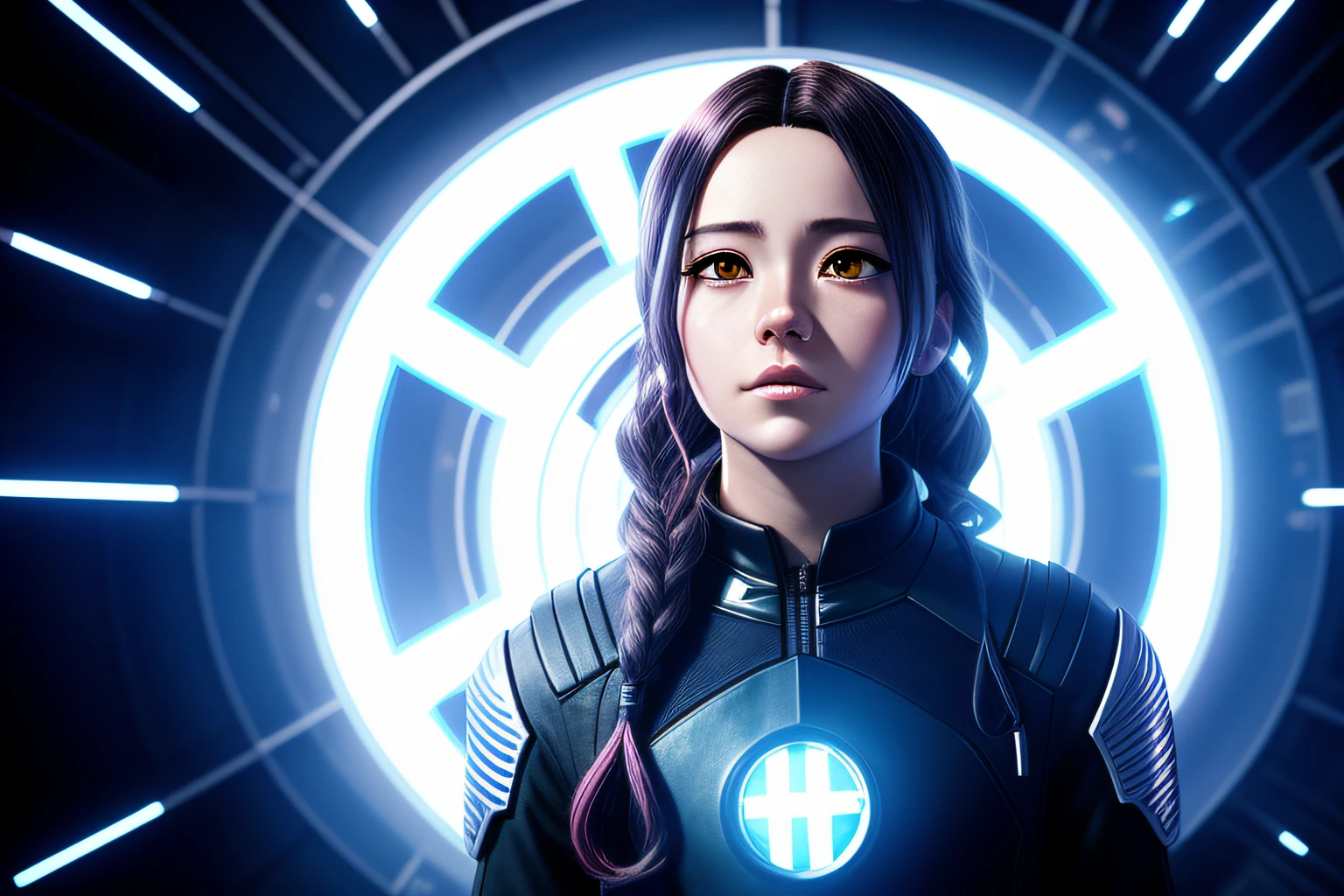 There's a woman in a futuristic suit standing in front of a light, child spies Juni Cortez, from a 2 0 1 9 sci fi 8k movie, movie, movie still of a cool cyborg, Nanogirl, in a science fiction movie, in a futuristic arena, Sheild, a age cyberpunk cyborg, promotional image, hologram hovering around her, promotional image, anime style, cartoon style, cinematic pastel lighting, hyper-realistic cyberpunk style, anime style mixed with fujifilm