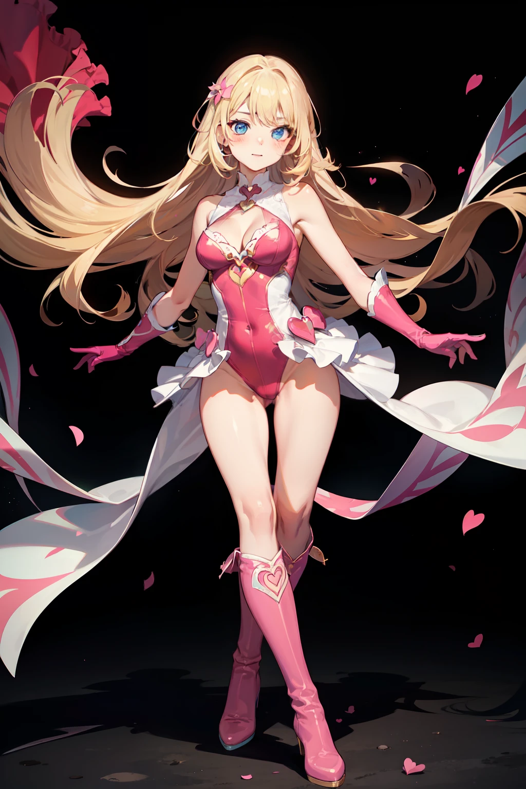 masterpiece, best quality, highres, 1girl, solo, superhero, leotard, bare legs, matching boots, aura, blue aura, sleeveless, looking at viewer, light particles, city backdrop, perfect hands, perfect eyes, powering up, perfect leotard, perfect legs, perfect arms, perfect fingers, medium breasts, pink leotard, standing, blonde hair, long hair, knee boots, blue eyes, heart cutout, cute face, hair down, bangs, sleeveless, pink gloves, pink footwear, cleavage cutout,