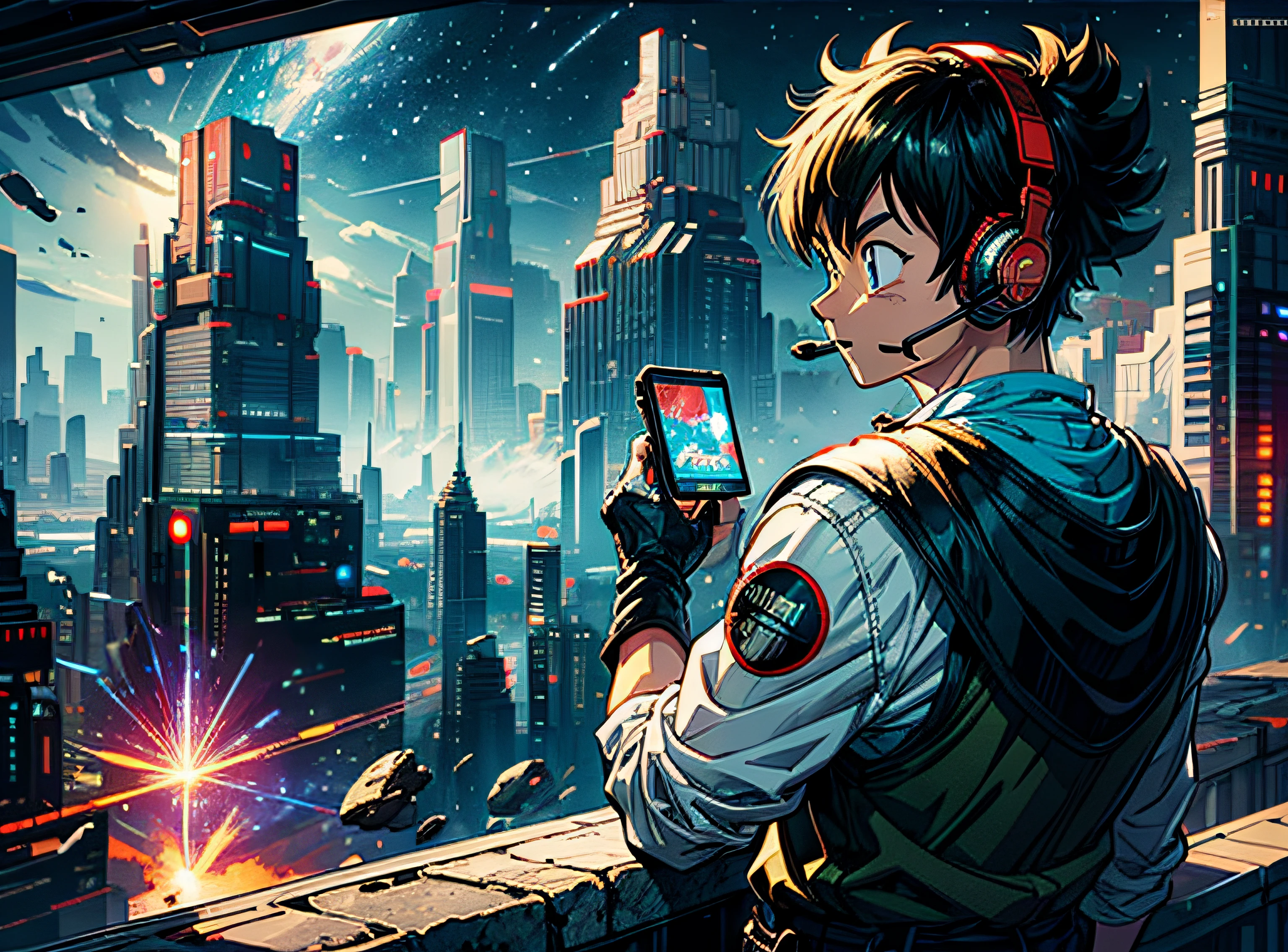 man with headset looking at sky, technology, box, star, universe, water, fantasy, brightness, neo, asteroids, vast, science fiction, cyberpunk, akira toriyama art, dragon ball
