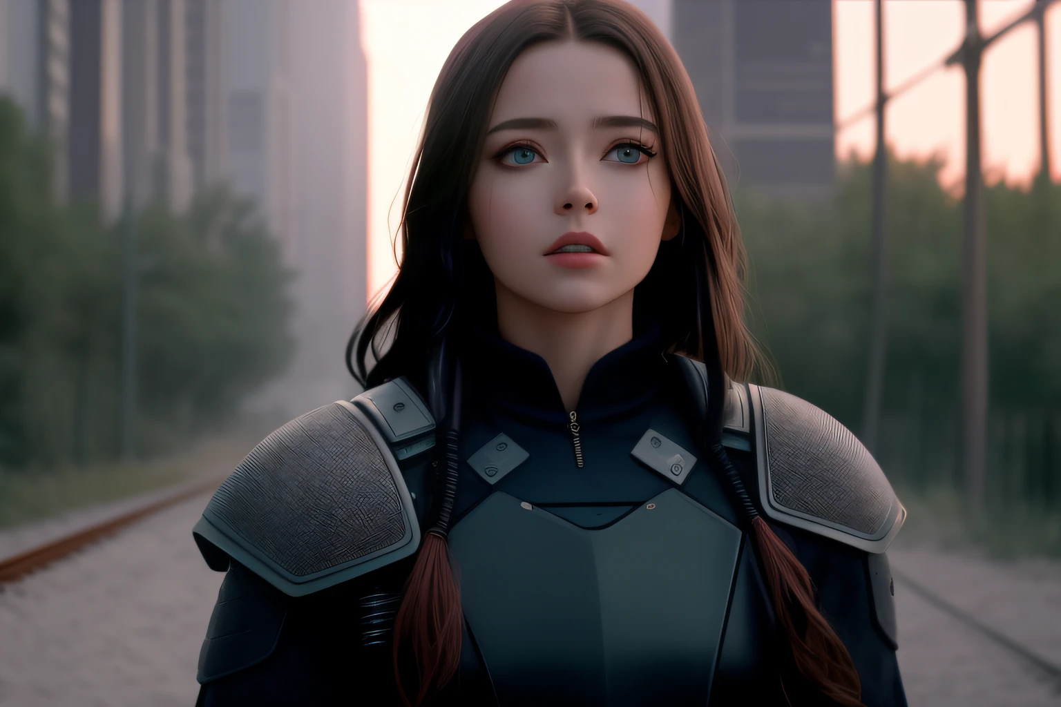 Girl in futuristic suit standing on a train track, a age cyberpunk cyborg, movie still from the movie Dune-2021, still from Alita, in the movie 2 0 2 1 Dune, portrait of Sophie Mudd, in a science fiction movie, movie still of a cool cyborg, still Dune movie 2020, anime style, cartoon style, cinematic pastel lighting, Hyper-realistic cyberpunk style, anime style mixed with Fujifilm