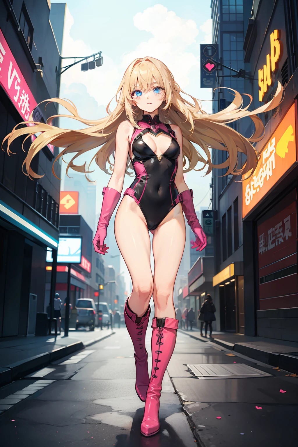 masterpiece, best quality, highres, 1girl, solo, superhero, leotard, bare legs, matching boots, aura, blue aura, sleeveless, looking at viewer, light particles, city backdrop, perfect hands, perfect eyes, powering up, perfect leotard, perfect legs, perfect arms, perfect fingers, medium breasts, pink leotard, standing, blonde hair, long hair, knee boots, blue eyes, heart cutout, cute face, hair down, bangs, sleeveless, pink gloves, pink footwear, cleavage cutout,