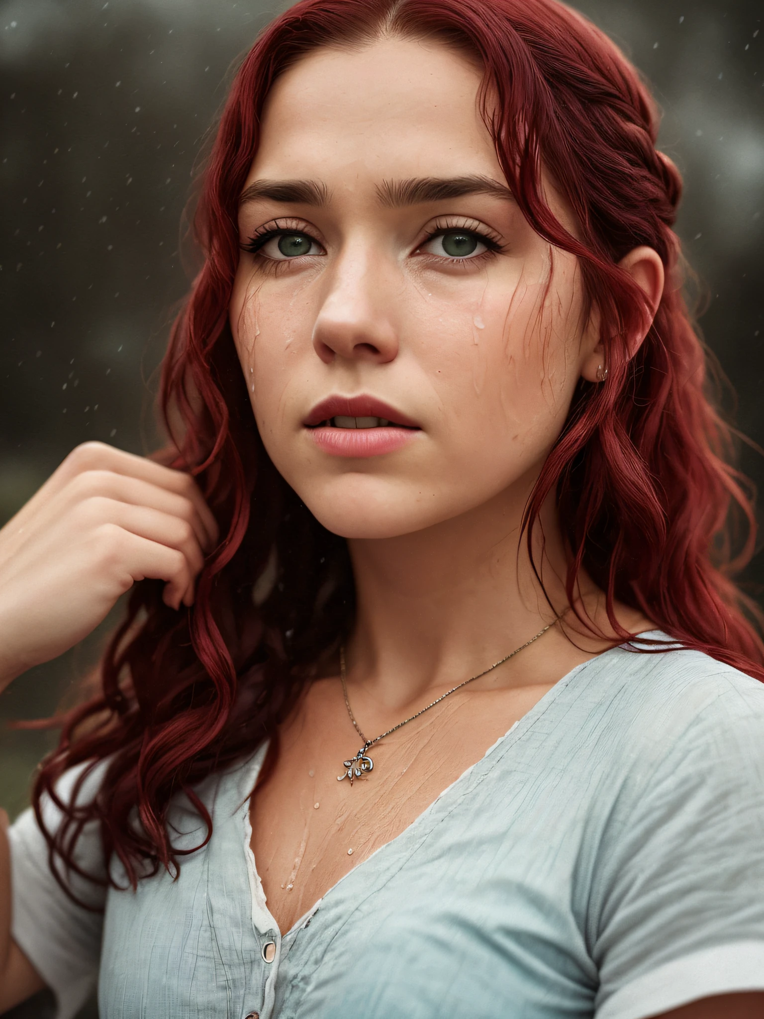 Portrait of Yigritte from Game of thrones crying who is a (wet: 1.12) red-haired freckle teacher sitting, school desk, (perfect innie, : white shirt: 19], through top shirt, slate atmosphere, cinematic, faded colors, dark shot, muted colors, grainy film, lut, insane details, intricate details, hyperdetailed, (closeup:0.9)