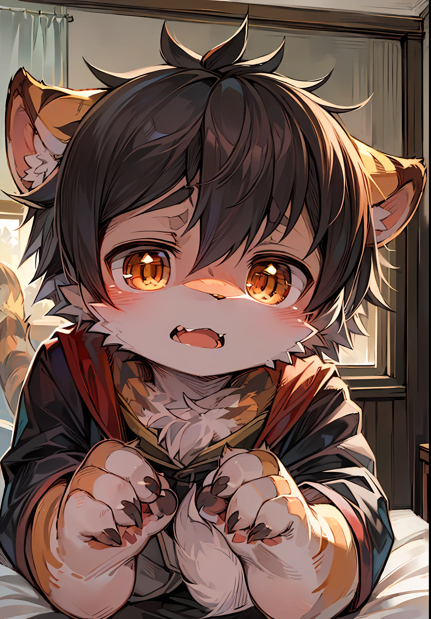 (Dark Environment: 0.8), Masterpiece, High Quality, Abstract Res, Digital Painting\(artwork\), by Dagasi, Yupa, Kiyosan, (Anthro, Fluffy Fur, Character Focus: 1.1), Anthro Male Cat, Short Hair, Portrait , bright eyes, panorama, character focus. (detailed background: 0.7), solo, furry, furry male, male focus, anthr, (full body fur, fluffy tail, tiger fur, brown tiger eyes, gray hair: 1.2), (cute, feline, tiger man, tiger,), (bedroom, tiger print, tiger skin, tiger teeth) high quality, tiger print on hands, tiger print on head. Turn into a tiger. Species conversion, in bed.
