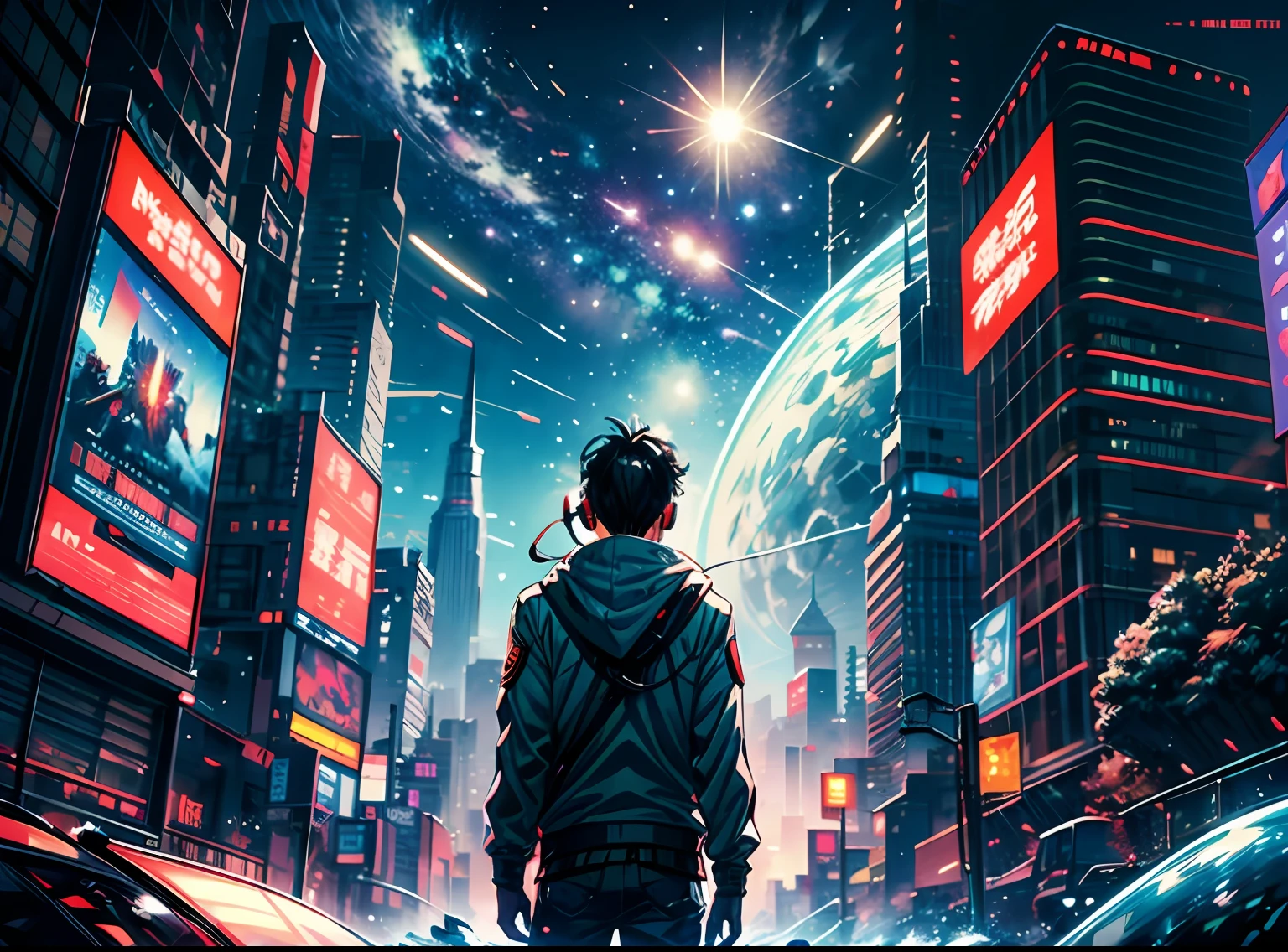 man with headset looking at sky, technology, box, star, universe, water, fantasy, brightness, neo, asteroids, vast, science fiction, cyberpunk, akira toriyama art, dragon ball
