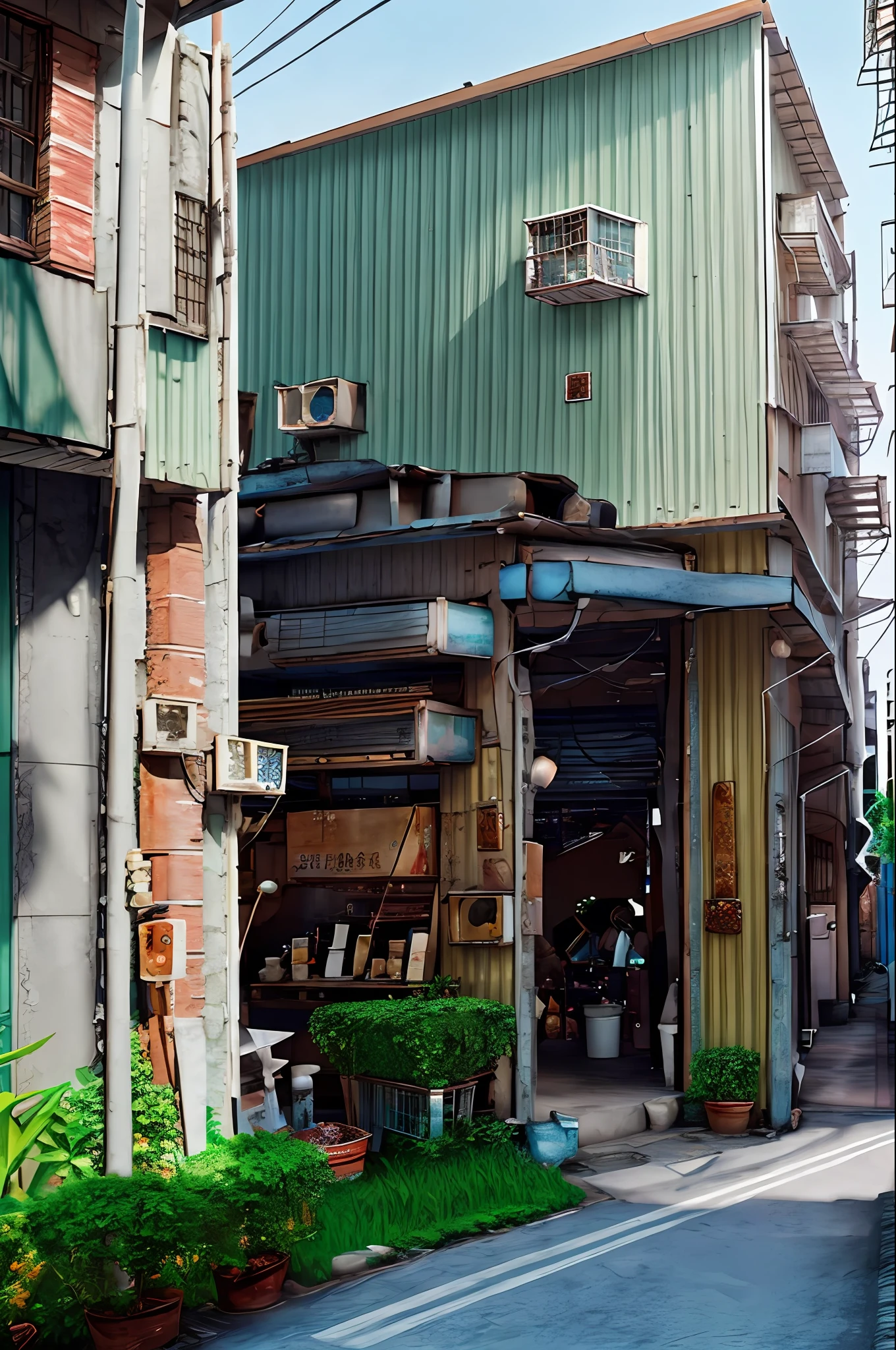 Street, background is metal steel buildings, (soft tones:1.25), (HDR:1.25), (Artstation:1.2), (intricate details:1.14), (hyperrealistic 3D rendering:1.16), (Filmic:0.55), daytime natural lighting, sunlight from left to right
