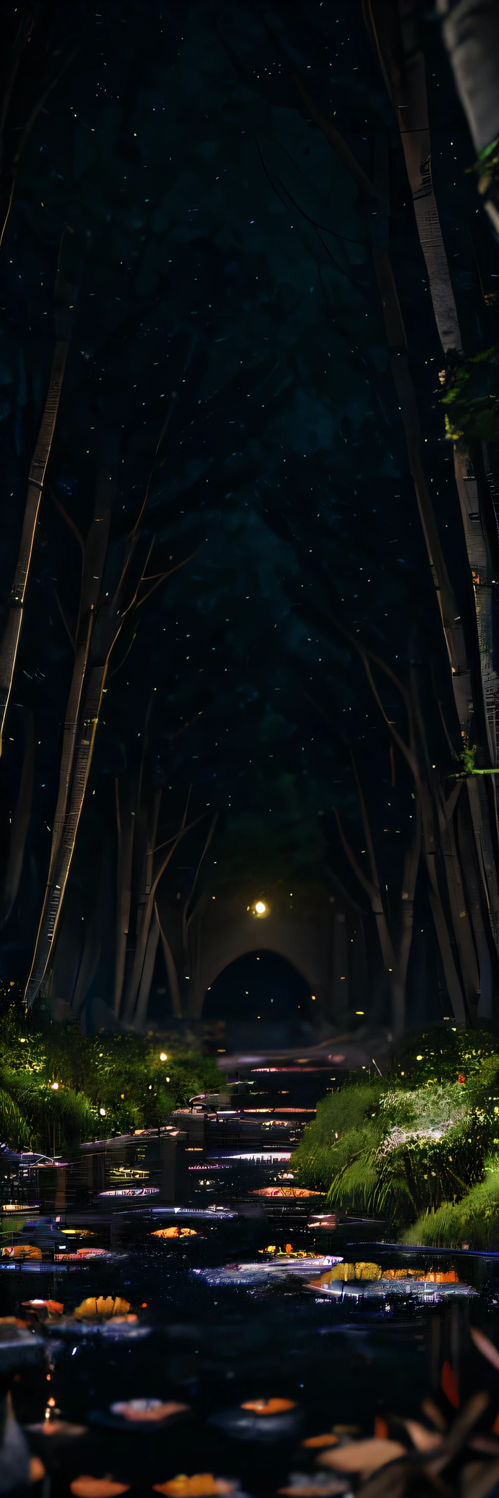 night, city of water, submerged city of Kyoto, Kyomachiya, mansion of Japan residence, Kyoto of Japan, city of Kyoto integrated with forest, decadent and devastated Kyoto, city of Kyoto flooded and covered with forest trees, Japan wooden architecture surrounded by moss and trees, RAW photos of landscapes, detail, photorealistic, ultra-realistic photos, 8k UHD, DSLR, soft lighting, high quality, film grain, Fujifilm XT3, (Masterpiece), Human POV, Human Eye Level, Jungle, Intense Rainfall, Monochromatic, Vines Everywhere, Huge and Wet Trees, Masterpiece, Top Quality, Very Elaborate CG Unity 8K Wallpaper, Oil Painting, Award-Winning Photography, Bokeh, Depth of Field, HDR, Bloom, Chromatic Aberration, Photorealistic, Very Detail, Art Station, CGSociety trend, complexity, high detail, dramatic, art-by-mid-journey, volumetric lighting