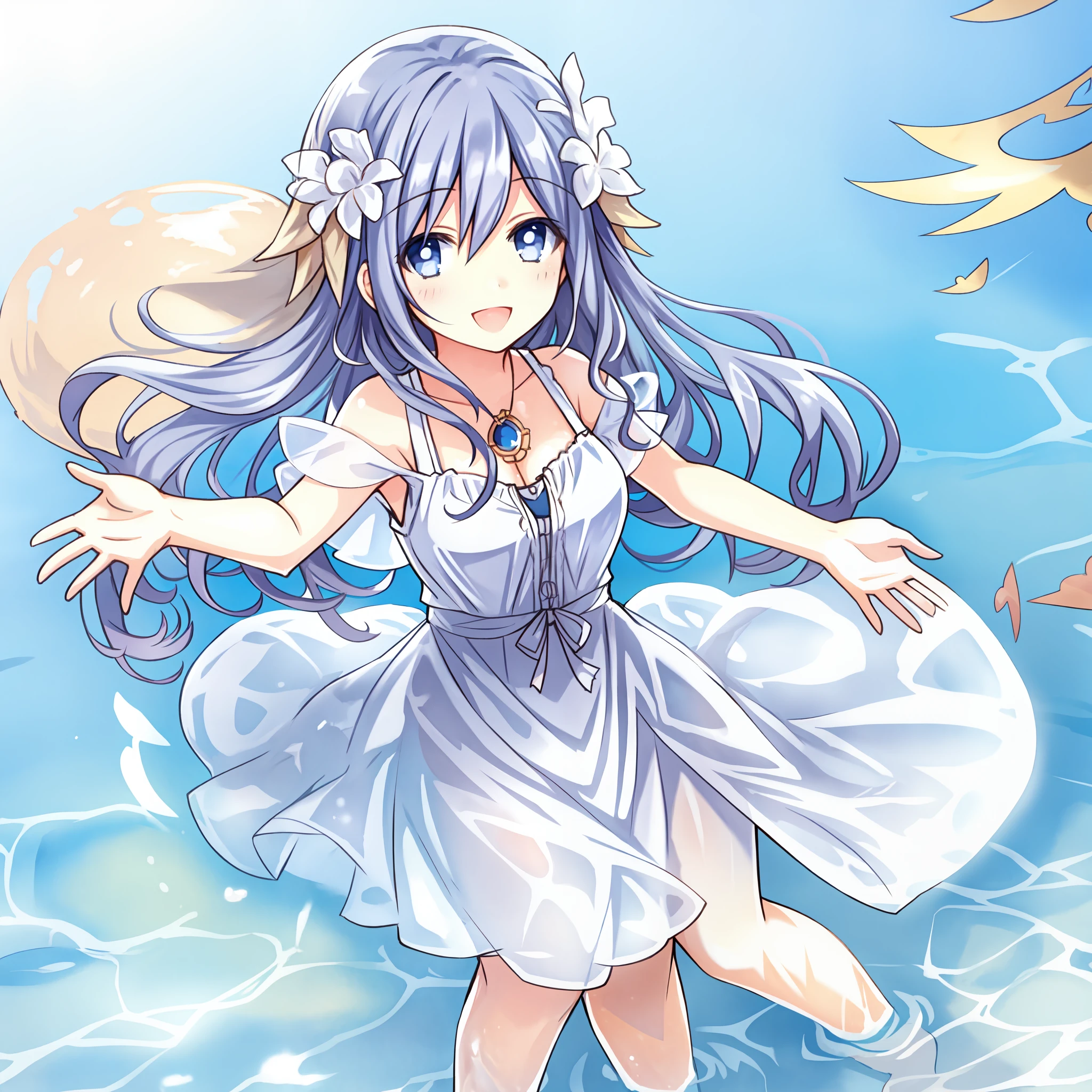 high quality, beautiful girl, girl playing in water, cute face, light smile, eyes open, girl standing playing in water, girl with open arms