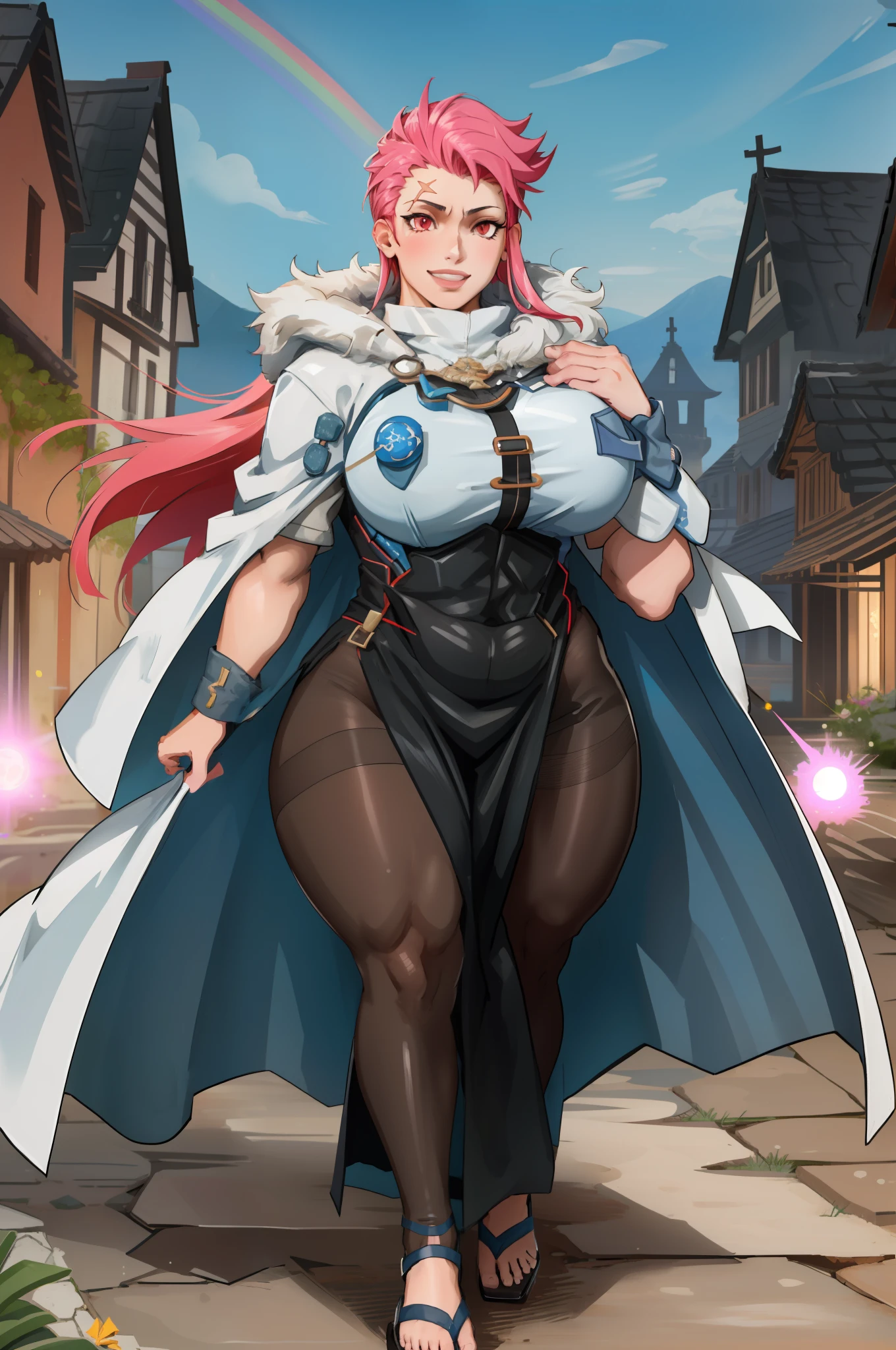 (masterpiece, best quality), intricate details, 1girl, zarya,Gothic, huge chest, tall woman, curved, f, long hair,alone, , forest city, plants, walking, smile, smile, ,fur clothes, wizard, medieval, village,tights, portrait, long skirt, long dress, flip-flops, , huge breast, , , 1gir,1character, walking,long skirt, red eyes, walking,female,fantasy goddess,there is a cartoon picture of a woman with a very large breast, glowing angelic being, glowing holy aura, inspired by Luma Rouge, the non-binary deity of spring, ethereal rainbow nimbus, the butterfly goddess of fire, inspired by Marie Angel, glowing aura around her, astral fairy, as the goddess of the sun, “uwu the prismatic person, big breast, happy, beautiful eyes, , full body, walking, long robe, long dre, , nun, priestess ,holy, venus body, curvy, huge breast, forest, long skirt, coat, very long skirt,coat, europe, france, french, pantyhose, walking, pink hair, smile, happy,long skirt , long dres, curvy, huge breast, muscle girl, vest, coat