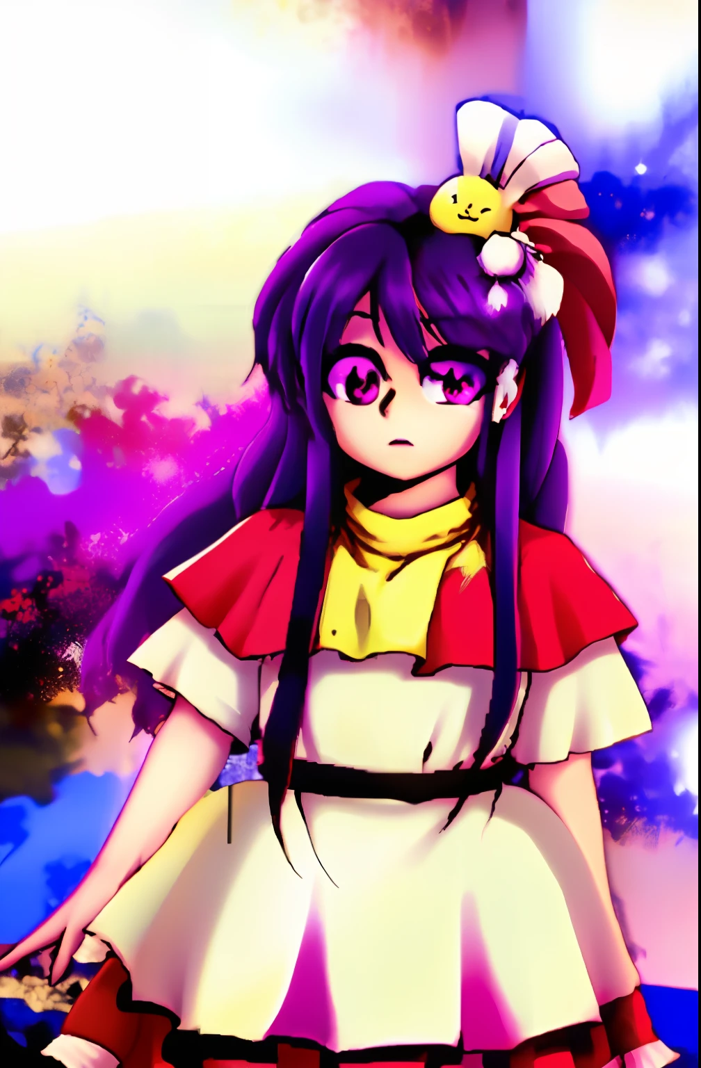 touhou project art style Hoshino Ai, long hair, purple hair, streaked hair ,purple eyes, star-shaped pupils, hair ornament,