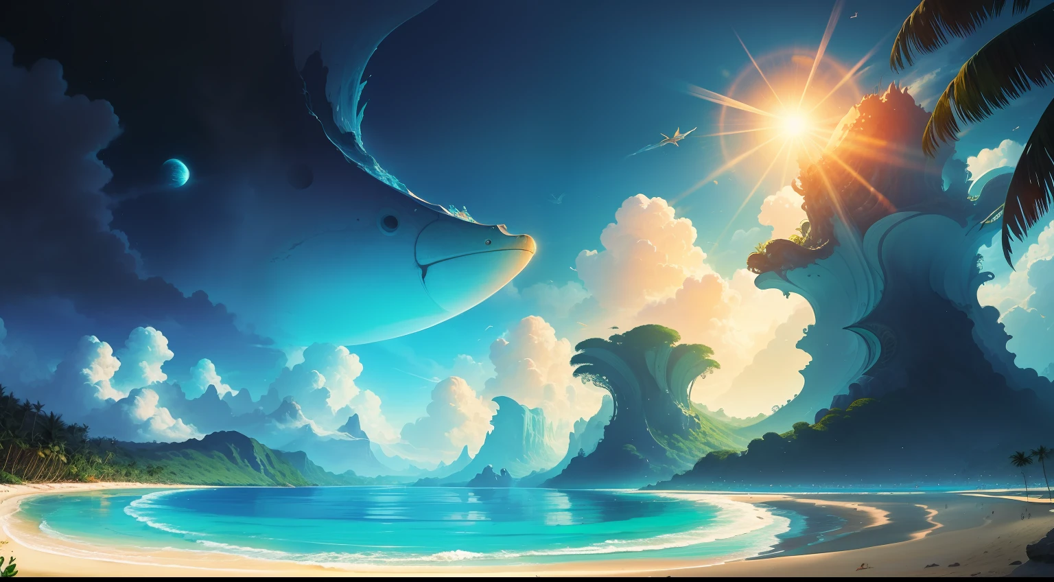 otherworldly,abnormal,surreal,Concept Art,Fantasy,Wallpaper,Parallel World,Surreal Art,Absolutely enchanting beach, crystal clear sea sea gently kisses the coast, sandy white beach stretches far away. The scene is dynamic and breathtaking, with palm trees gently swaying. Take in the calm atmosphere and wash away the peace, tropical beach, crystal clear water beach, white sand, bright sunlight, very sunny, summer sun, tropical jungle, , alien tropical world, beautiful beach, sunlight, summer, alien tropical plants, tropical alien otherworldly plants, concept art, fantasy, extreme details, magnificent composition, ( Intricate Detail), (Intricate Design, Ultra Detail: 1.2), (Masterpiece, Best Quality), Ultra HD, 32K --v 6