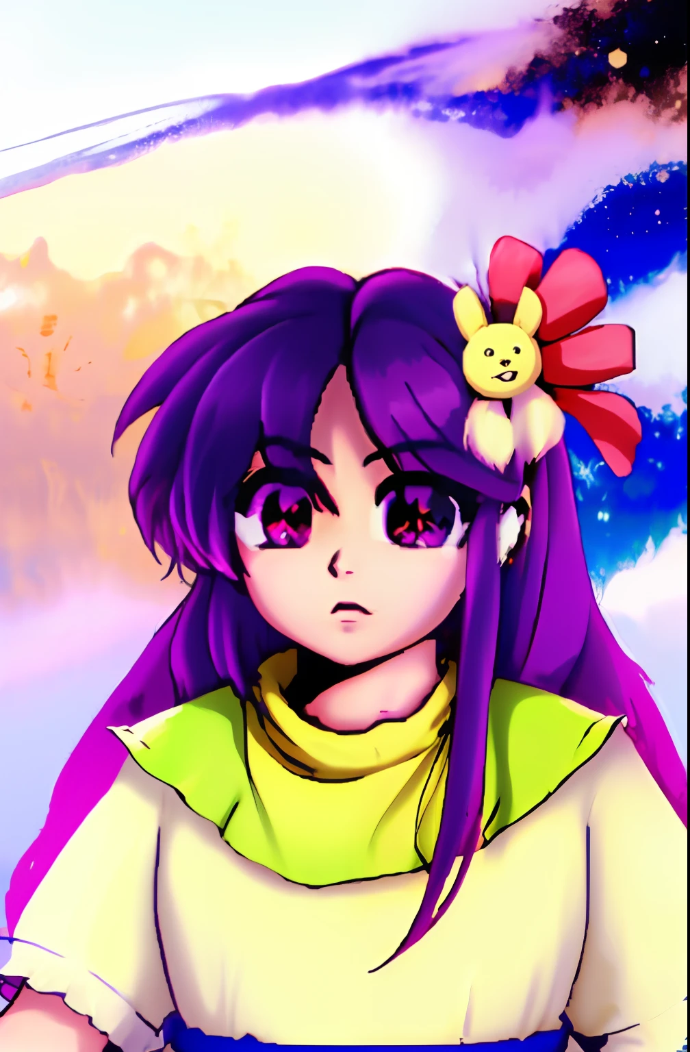 touhou project art style Hoshino Ai, long hair, purple hair, streaked hair ,purple eyes, star-shaped pupils, hair ornament,