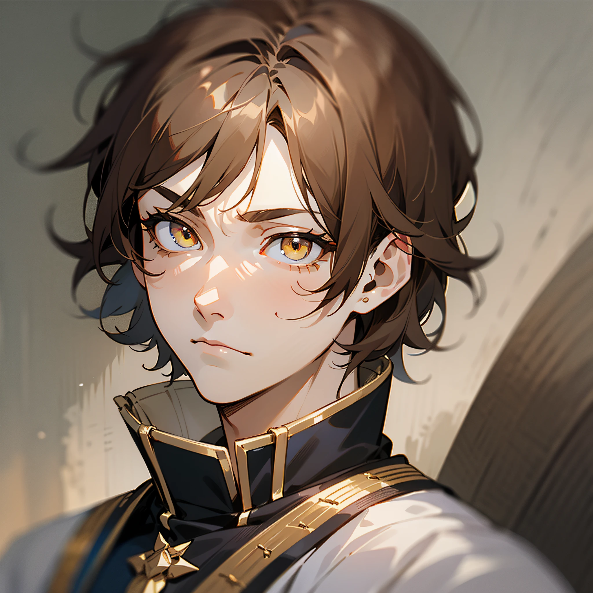 1man, cold, neutral, strict, uncaring expression, prince, straight brown hair, short hair, strict, light yellow eyes, noble, pale skin, dull colors, royal clothes, 20yo, adult face, sharp focus, mature, solo, masculine, blurry foreground, cinematic lighting