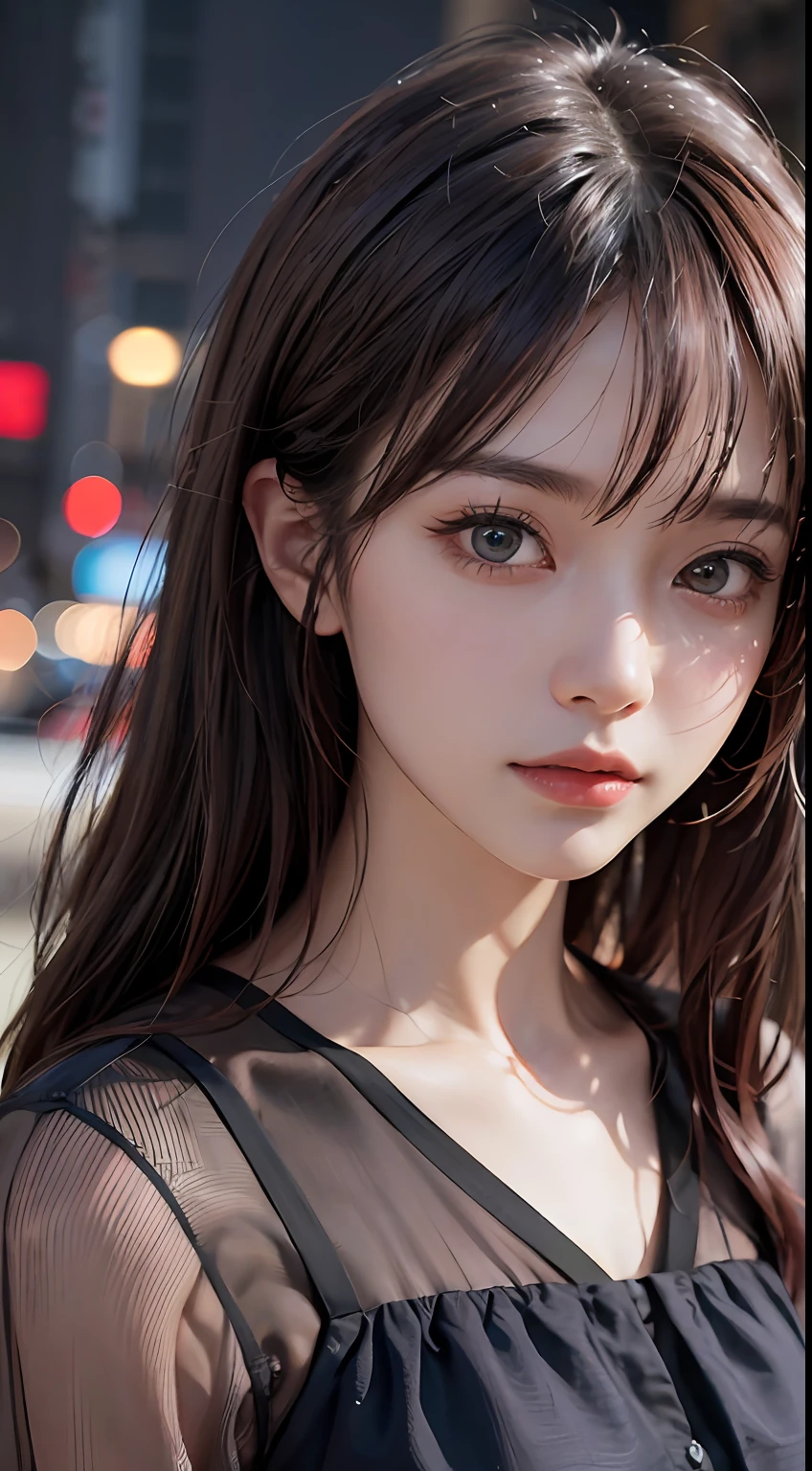Masterpiece, 1 Beautiful Girl, Detailed Eyes, Swollen Eyes, Top Quality, Ultra High Resolution, (Reality: 1.4), Cinematic Lighting, Japanese, Asian Beauty, Korean, Very Beautiful, Beautiful Skin, Slender, Body Facing Forward, (Ultra Realistic), (High Resolution), (8K), (Very Detailed), ( Best Illustration), (beautifully detailed eyes), (super detailed), (wallpaper), detailed face, bright lighting, professional lighting, looking at viewer, facing straight ahead, outfit is neat shirt and dress, 46 point slanted bangs, night view, black hair (some red hair with mesh),