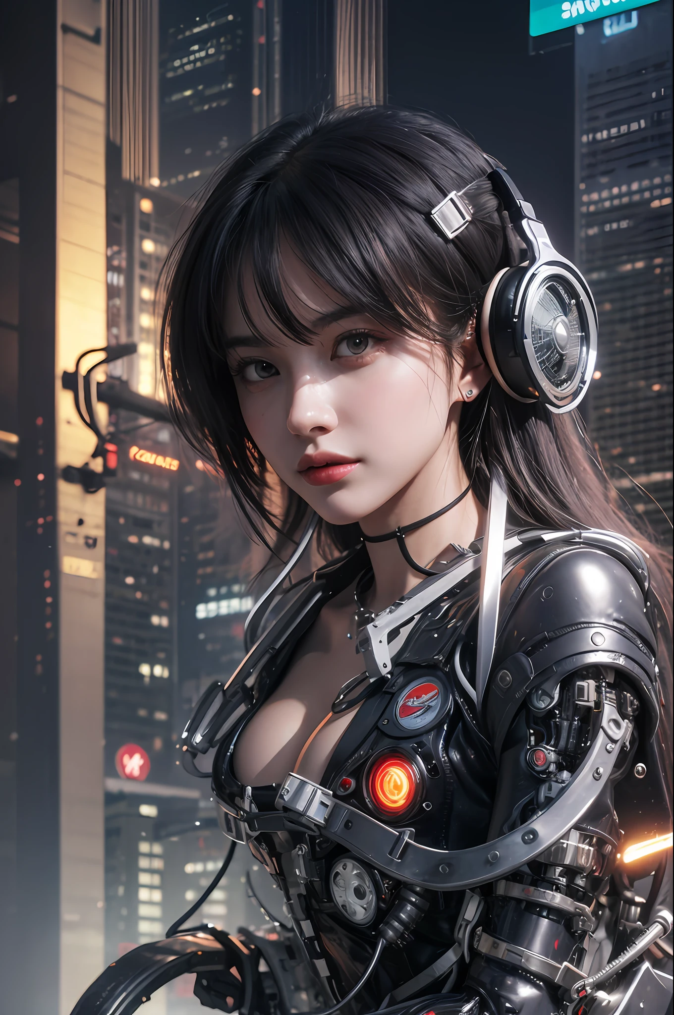 Top Quality, Masterpiece, Ultra High Resolution, (Photorealistic: 1.4), Raw Photo, 1 Girl, Black Hair, Glossy Skin, 1 Mechanical Girl, (Ultra Realistic Detail)), Portrait, Global Illumination, Shadows, Octane Rendering, 8K, Ultra Sharp, Big, Cleavage Exposed Raw Skin, Metal, Intricate Ornament Details, Headset, Hydraulic cylinder, very intricate details, realistic light, CGSoation trend, purple eyes, glowing eyes, facing the camera, neon details, mechanical limbs, blood vessels connected to the tube, mechanical vertebrae attached to the back, mechanical cervical attachment to the neck, sitting, wires and cables connecting to the head, evangelion, cyberpunk, small LED lamp, The background is Tokyo 100 years from now, futuristic skyscrapers, flying cars flying around, mechanical airships