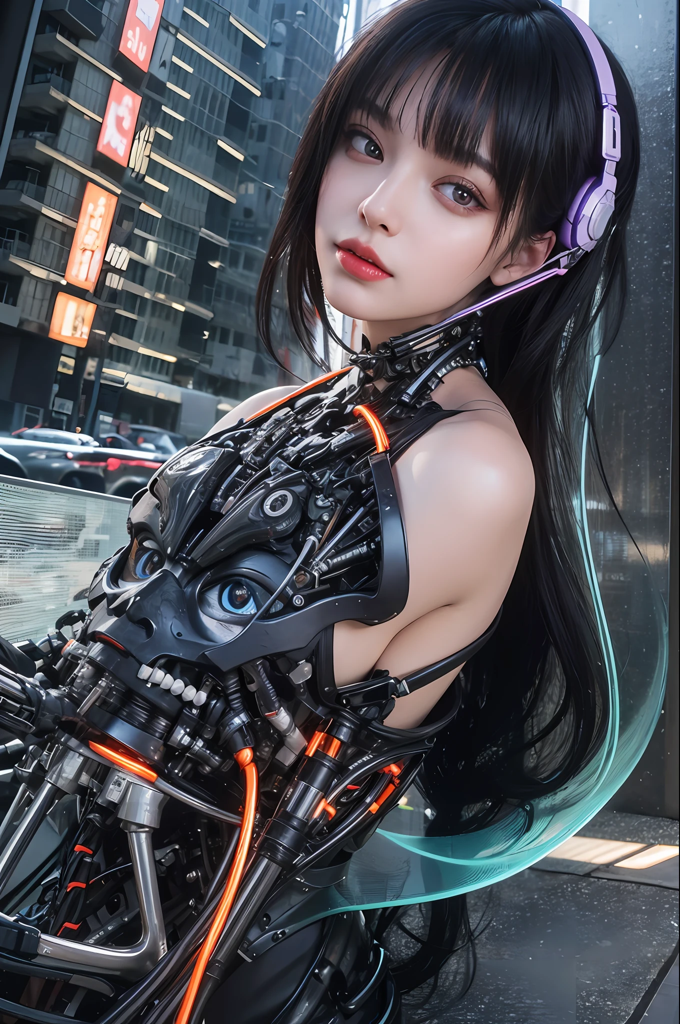 Top Quality, Masterpiece, Ultra High Resolution, (Photorealistic: 1.4), Raw Photo, 1 Girl, Black Hair, Glossy Skin, 1 Mechanical Girl, (Ultra Realistic Detail)), Portrait, Global Illumination, Shadows, Octane Rendering, 8K, Ultra Sharp, Big, Cleavage Exposed Raw Skin, Metal, Intricate Ornament Details, Headset, Hydraulic cylinder, very intricate details, realistic light, CGSoation trend, purple eyes, glowing eyes, facing the camera, neon details, mechanical limbs, blood vessels connected to the tube, mechanical vertebrae attached to the back, mechanical cervical attachment to the neck, sitting, wires and cables connecting to the head, evangelion, cyberpunk, small LED lamp, The background is Tokyo 100 years from now, futuristic skyscrapers, flying cars flying around, mechanical airships