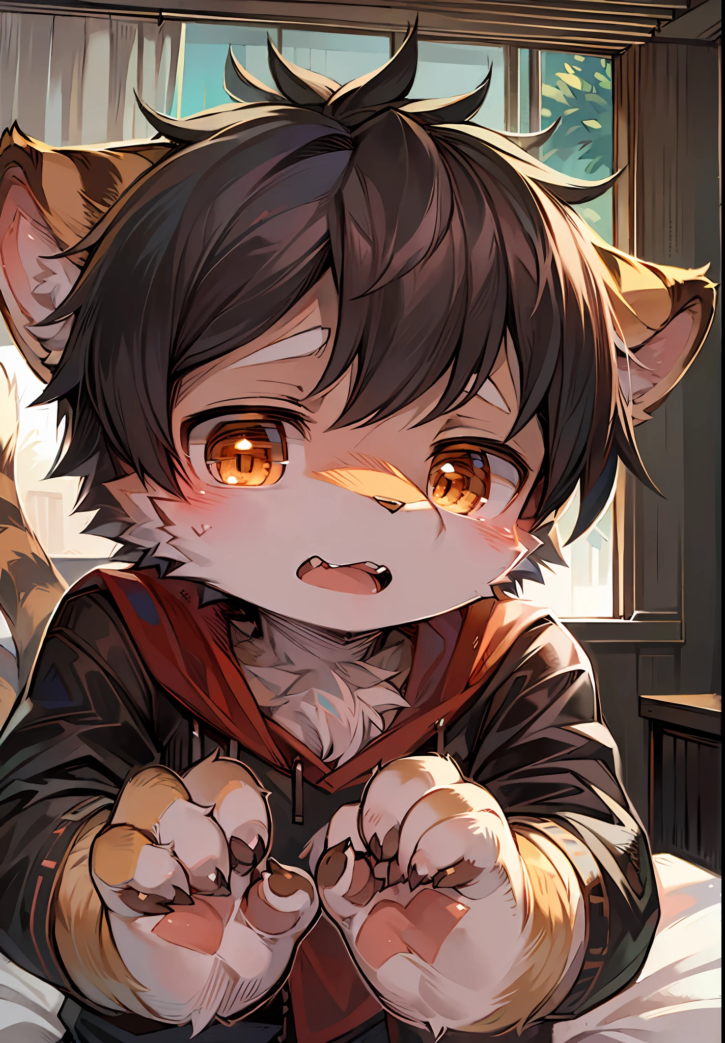 (Dark Environment: 0.8), Masterpiece, High Quality, Abstract Res, Digital Painting\(artwork\), by Dagasi, Yupa, Kiyosan, (Anthro, Fluffy Fur, Character Focus: 1.1), Anthro Male Cat, Short Hair, Portrait , bright eyes, panorama, character focus. (detailed background: 0.7), solo, furry, furry male, male focus, anthr, (full body fur, fluffy tail, tiger fur, brown tiger eyes, gray hair: 1.2), (cute, feline, tiger man, tiger,), (bedroom, tiger print, tiger skin, tiger teeth) high quality, tiger print on hands, tiger print on head. Turn into a tiger. Species conversion, in bed. Strengthen the repair of the hand.