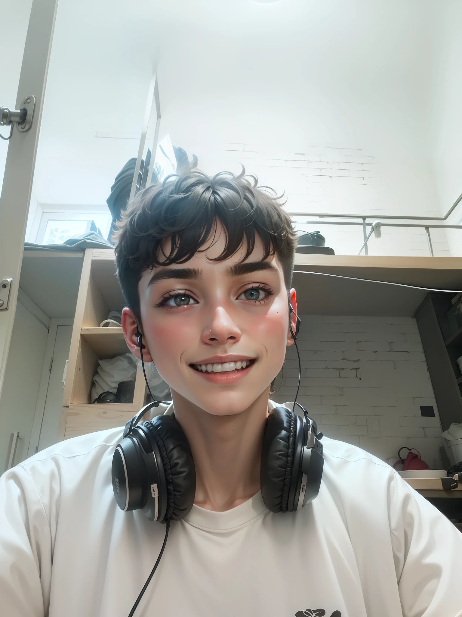 Portrait of an 18 year old handsome charming perfect face small boy, very happy, very handsome, raw, wearing headphones, (dark private den, dark and moody light: 1.2)