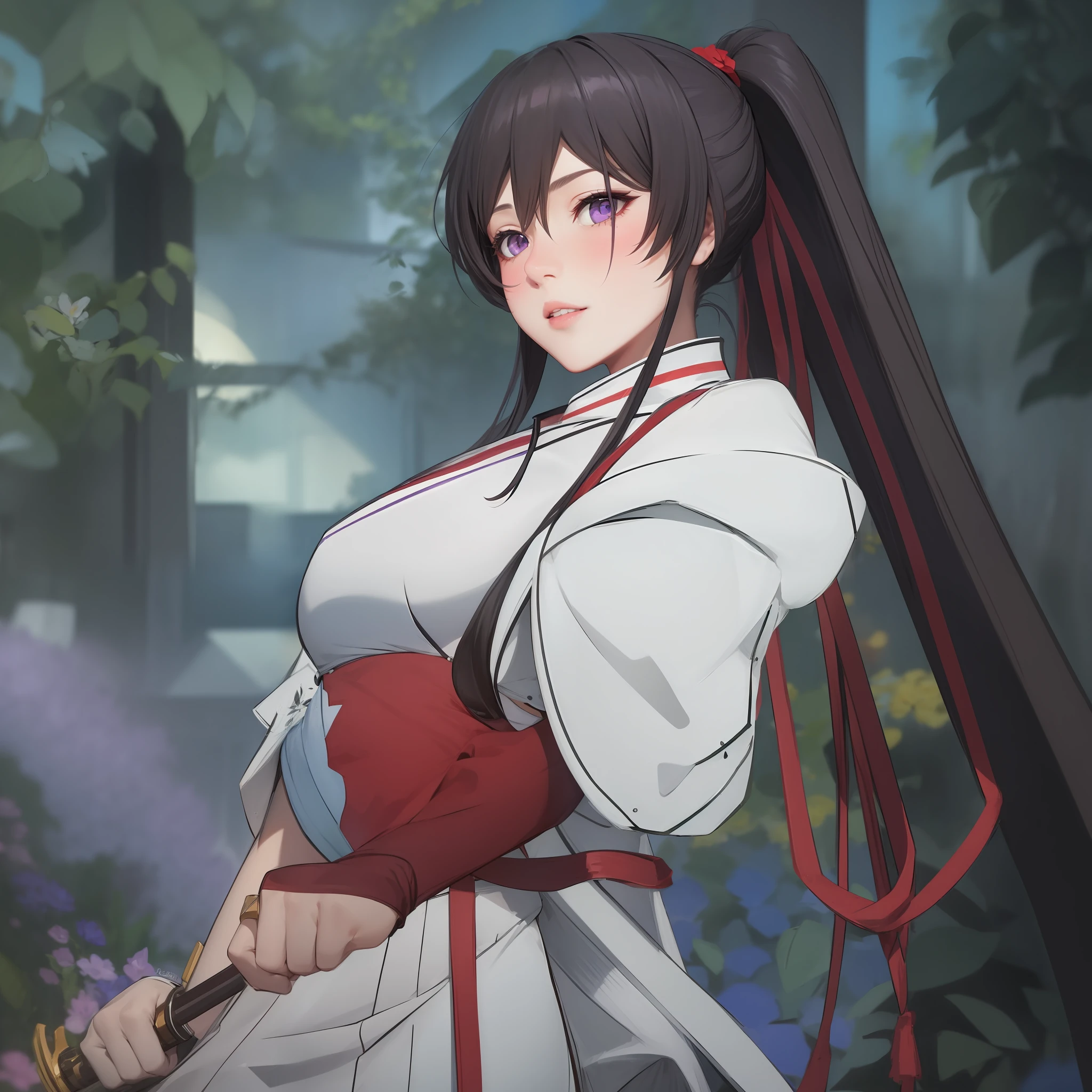 realistic, 1girl, white hair, purple eyes, glowing eyes, crop top, skirt, parted lips, blush, night, flowers, sun, sunlight,