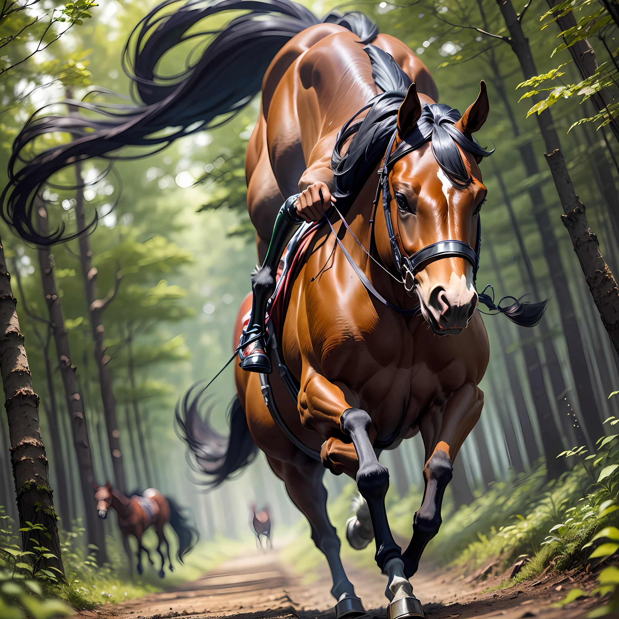 A mutant horse running in the forest, multiple legs, flying steak chases the horse