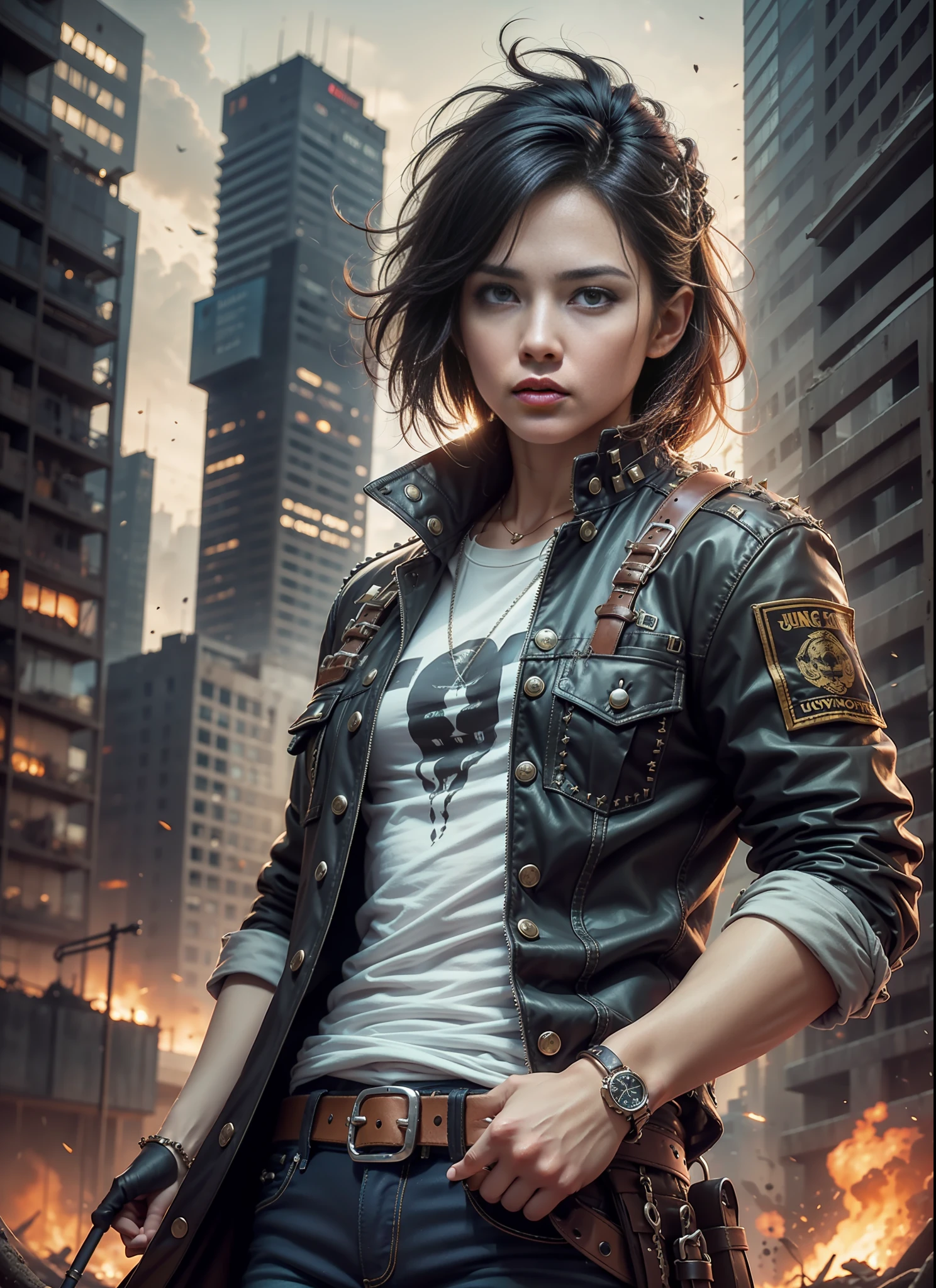 Movie poster, jungle city, lion warrior, black jeans, belt, long t-shirt, coat, rivets, holster, rivets, explosions, jungle, ruins, just one body, night