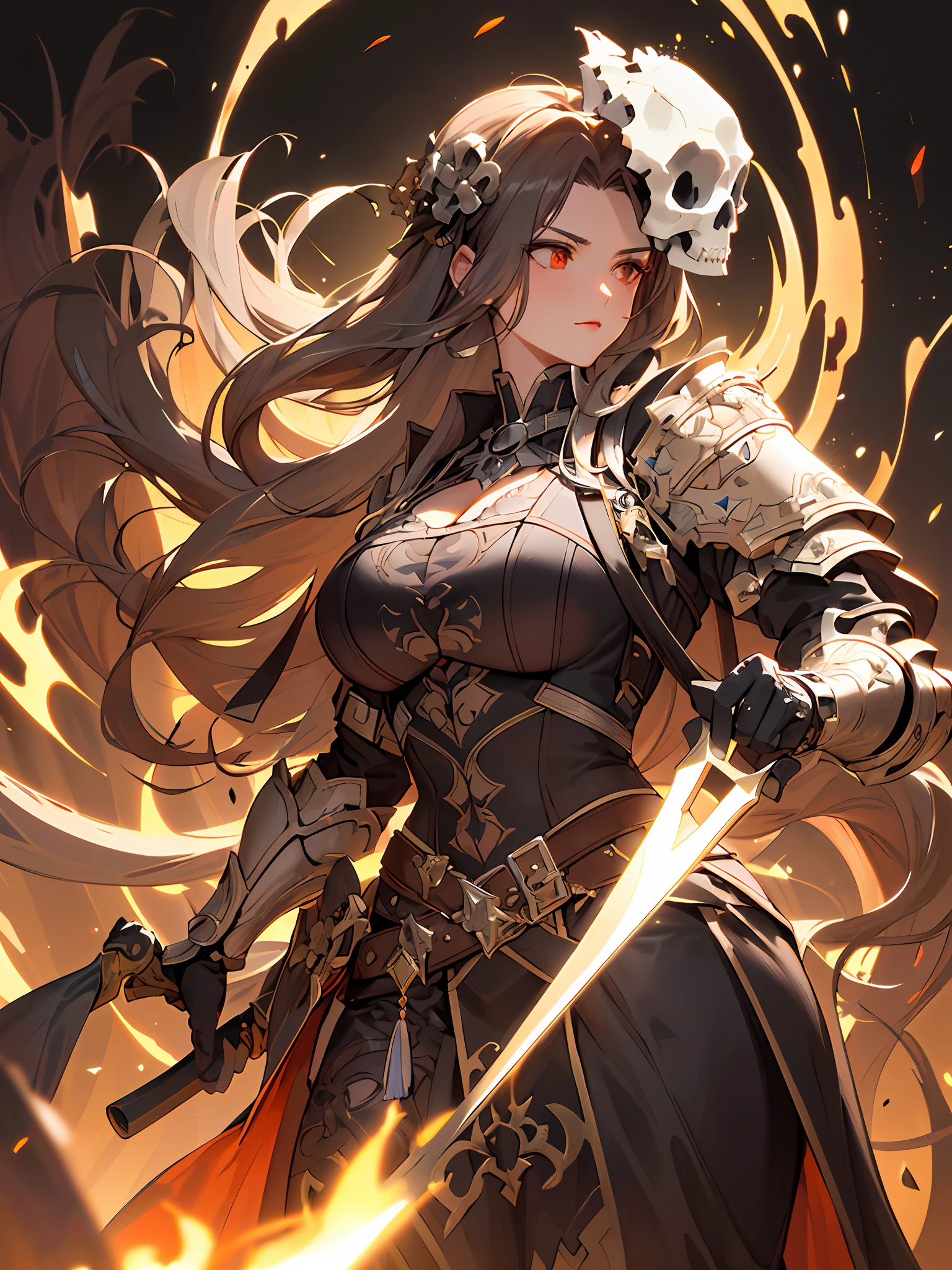 add more skull elements, detailed skull, intricate, bones, ((Masterpiece, high-quality)), (Femme fatale), (Mature and strong woman), (Voluptuous figure), (Gothic atmosphere), (Skull motif), (Abundant bones in the background), (Stylish skull armor and deadly weapon).
