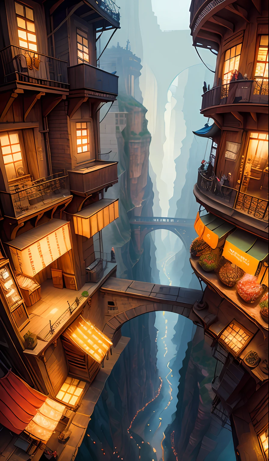 ((masterpiece)),((best quality)),((high detial)),((realistic,))
Industrial age city, deep canyons in the middle, architectural streets, bazaars, Bridges, rainy days, steampunk, European architecture