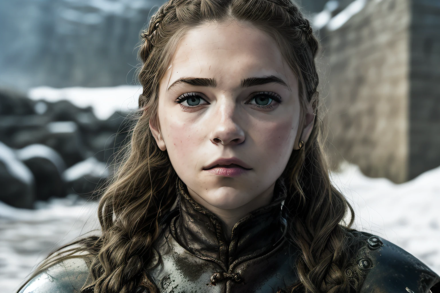 Arafed Girl in a Black Armor with a Braid in Her Hair, Arya Stark, Portrait of Arya Stark, Emma Watson in Game of Thrones, Emilia Clarke, 36864k Film, Girl in Knight Armor, Eva Elfie, Arya Stark como Venus, Daenerys, imagem estática de Game of Thrones, Kiernan Shipka, Sansa, de Of Thrones, anime style, cartoon style, cinematic pastel lighting, hyper-realistic cyberpunk style, anime style mixed with fujifilm