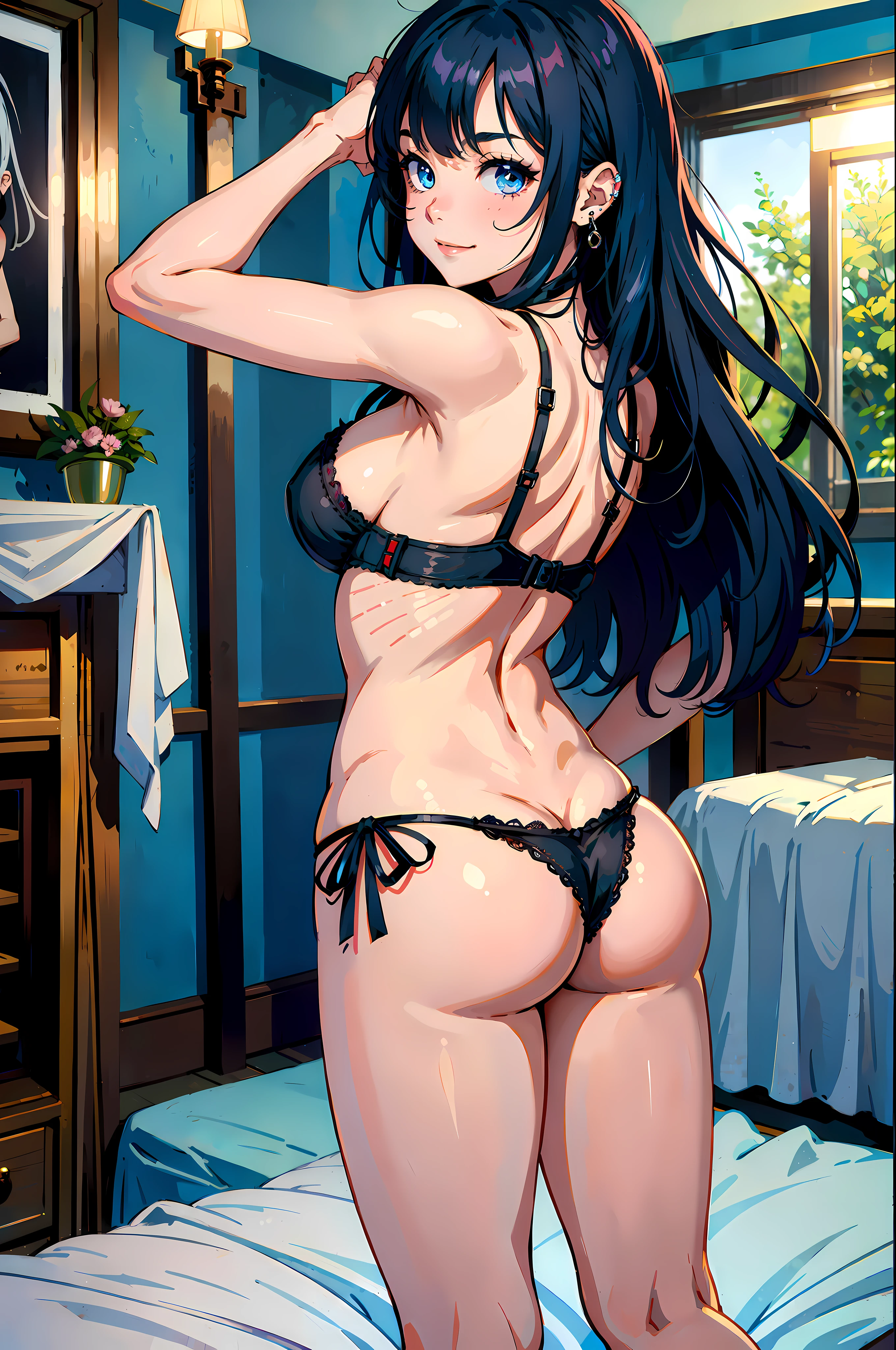(rear view), (butt), (bedroom), (sexy girl), masterpiece, best quality, full body, 1girl, bangs, blush, breasts, collarbones, ear piercings, eyebrows visible through hair, (gradient dyed hair), smirk, jewelry, long hair, looking at the viewer, piercings, (half-naked), (black underwear), (bra), (panties), blue eyes, ring, smile, solo, illustration, fashionable, woman, posing, background, elements, confident, expression, hold, accessory, majestic, rolled, around, touch, scene, attention-grabbing, larger, focus