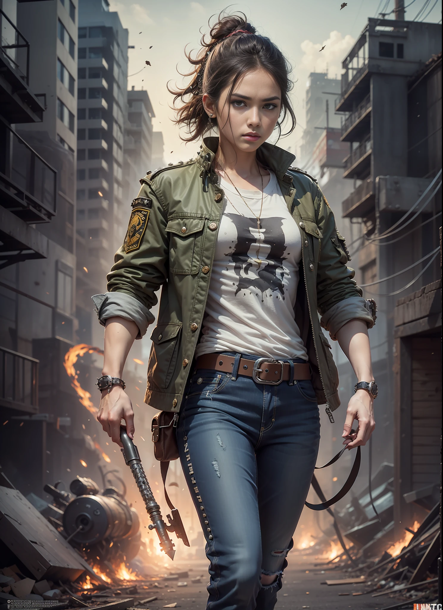 Movie poster, jungle city, lion warrior, black jeans, belt, long t-shirt, coat, rivets, holster, rivets, explosions, jungle, ruins, just one body, night