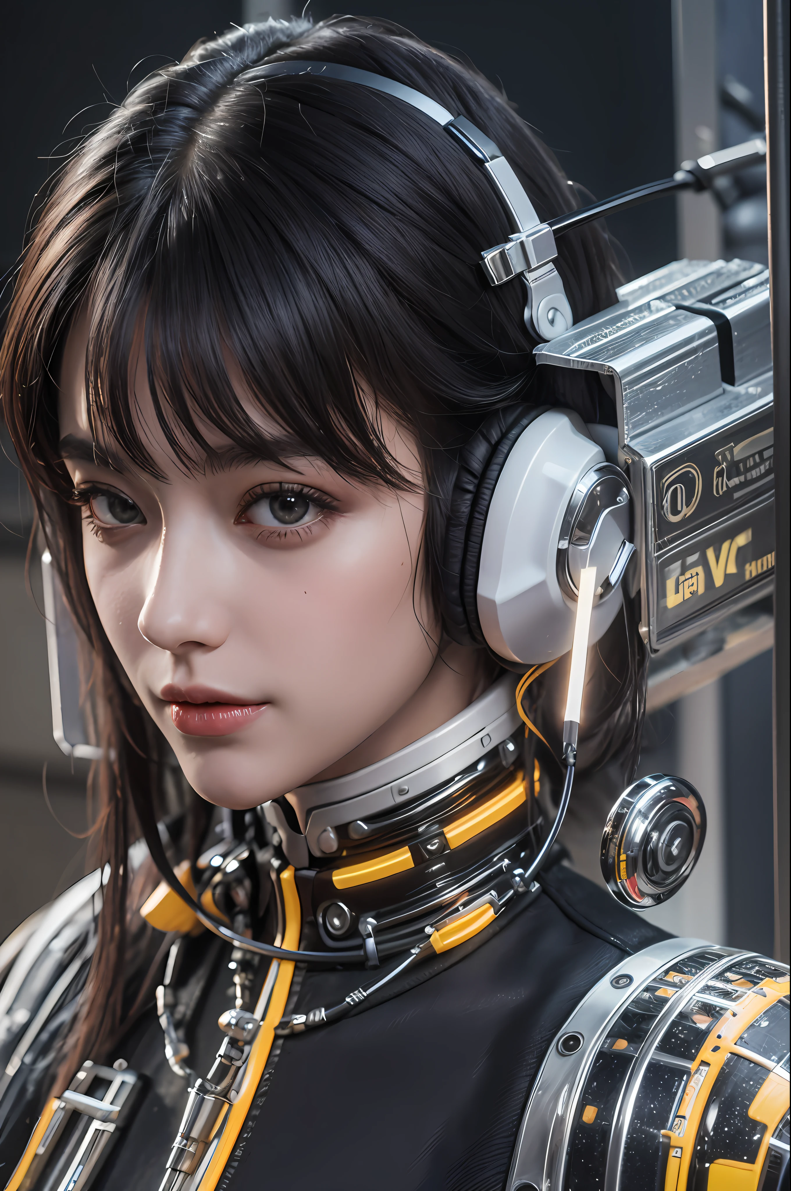 Top Quality, Masterpiece, Ultra High Resolution, (Photorealistic: 1.4), Raw Photo, 1 Girl, Black Hair, Glossy Skin, 1 Mechanical Girl, (Ultra Realistic Detail)), Portrait, Global Illumination, Shadows, Octane Rendering, 8K, Ultra Sharp, Big, Cleavage Exposed Raw Skin, Metal, Intricate Ornament Details, Headset, Hydraulic cylinder, very intricate details, realistic light, CGSoation trend, purple eyes, glowing eyes, facing the camera, neon details, mechanical limbs, blood vessels connected to the tube, mechanical vertebrae attached to the back, mechanical cervical attachment to the neck, sitting, wires and cables connecting to the head, evangelion, cyberpunk, small LED lamp, The background is Tokyo 100 years from now, futuristic skyscrapers, flying cars flying around, mechanical airships