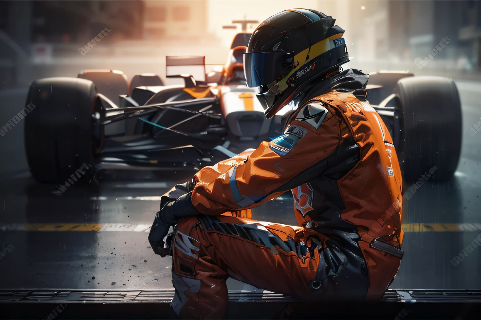 a man in an orange racing suit sitting on the ground with his helmet on, octane cgsociety, motor sport photography, octane trending on cgsociety, f 1, inspired by Mike Winkelmann, photo realistic octane render, motorsports photography, deep in thought, f 1. 3, 8k hq, daniel maidman octane rendering, octane photoreal 3 d render