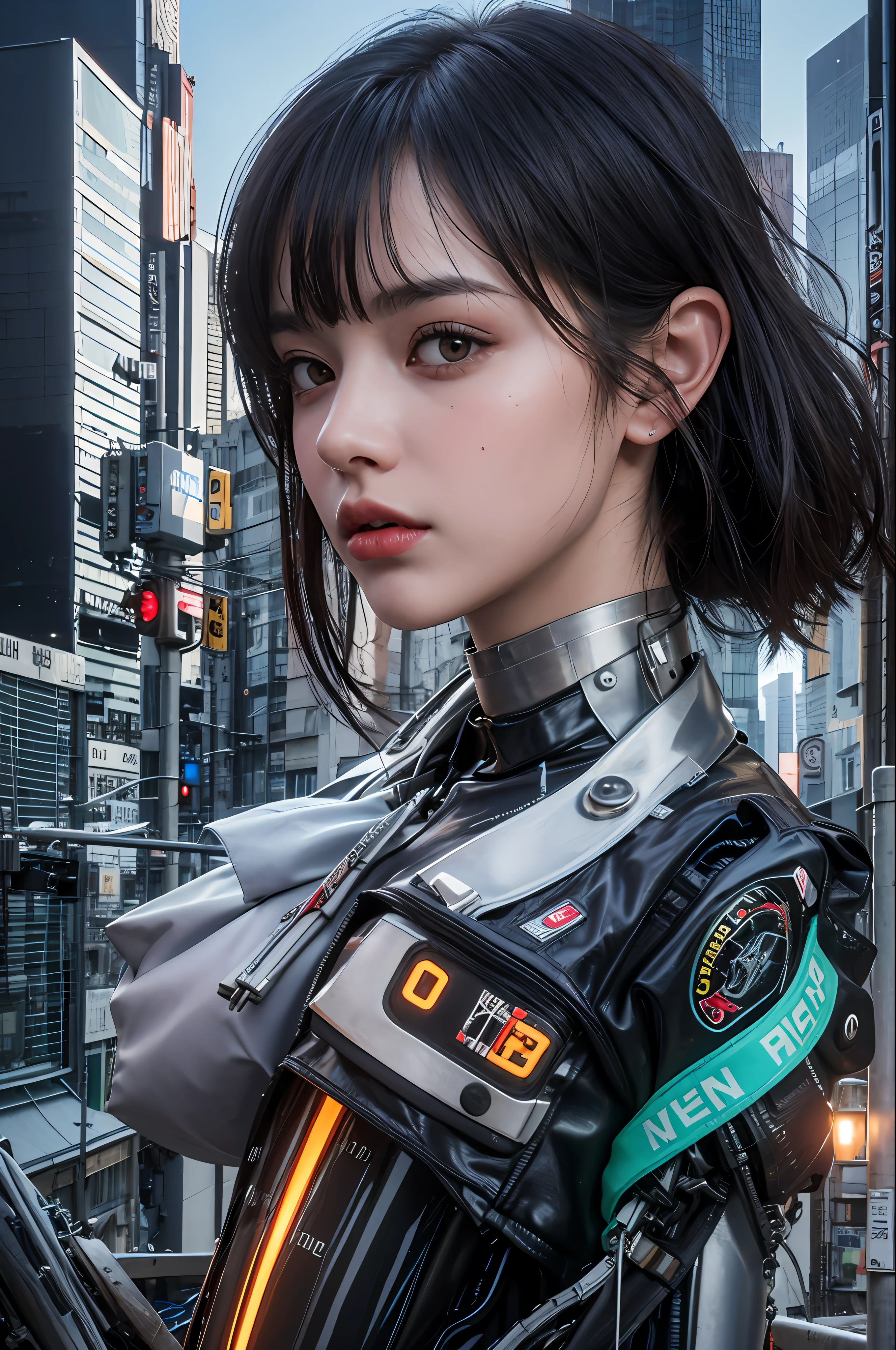 Top Quality, Masterpiece, Ultra High Resolution, (Photorealistic: 1.4), Raw Photo, 1 Girl, Black Hair, Glossy Skin, 1 Mechanical Girl, (Ultra Realistic Detail)), Portrait, Global Illumination, Shadows, Octane Rendering, 8K, Ultra Sharp, Big, Cleavage Exposed Raw Skin, Metal, Intricate Ornament Details, Headset, Hydraulic cylinder, very intricate details, realistic light, CGSoation trend, purple eyes, glowing eyes, facing the camera, neon details, mechanical limbs, blood vessels connected to the tube, mechanical vertebrae attached to the back, mechanical cervical attachment to the neck, sitting, wires and cables connecting to the head, evangelion, cyberpunk, small LED lamp, The background is Tokyo 100 years from now, futuristic skyscrapers, flying cars flying around, mechanical airships