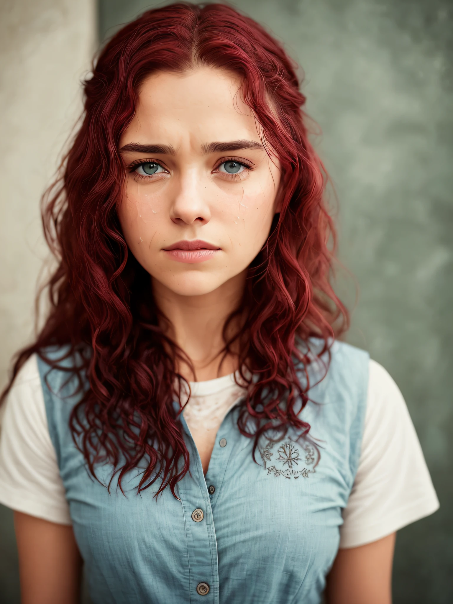 Portrait of Yigritte from Game of thrones crying who is a (wet: 1.12) red-haired freckle teacher sitting, school desk, (perfect innie, : white shirt: 19], through top shirt, slate atmosphere, cinematic, faded colors, dark shot, muted colors, grainy film, lut, insane details, intricate details, hyperdetailed, (closeup:0.9)