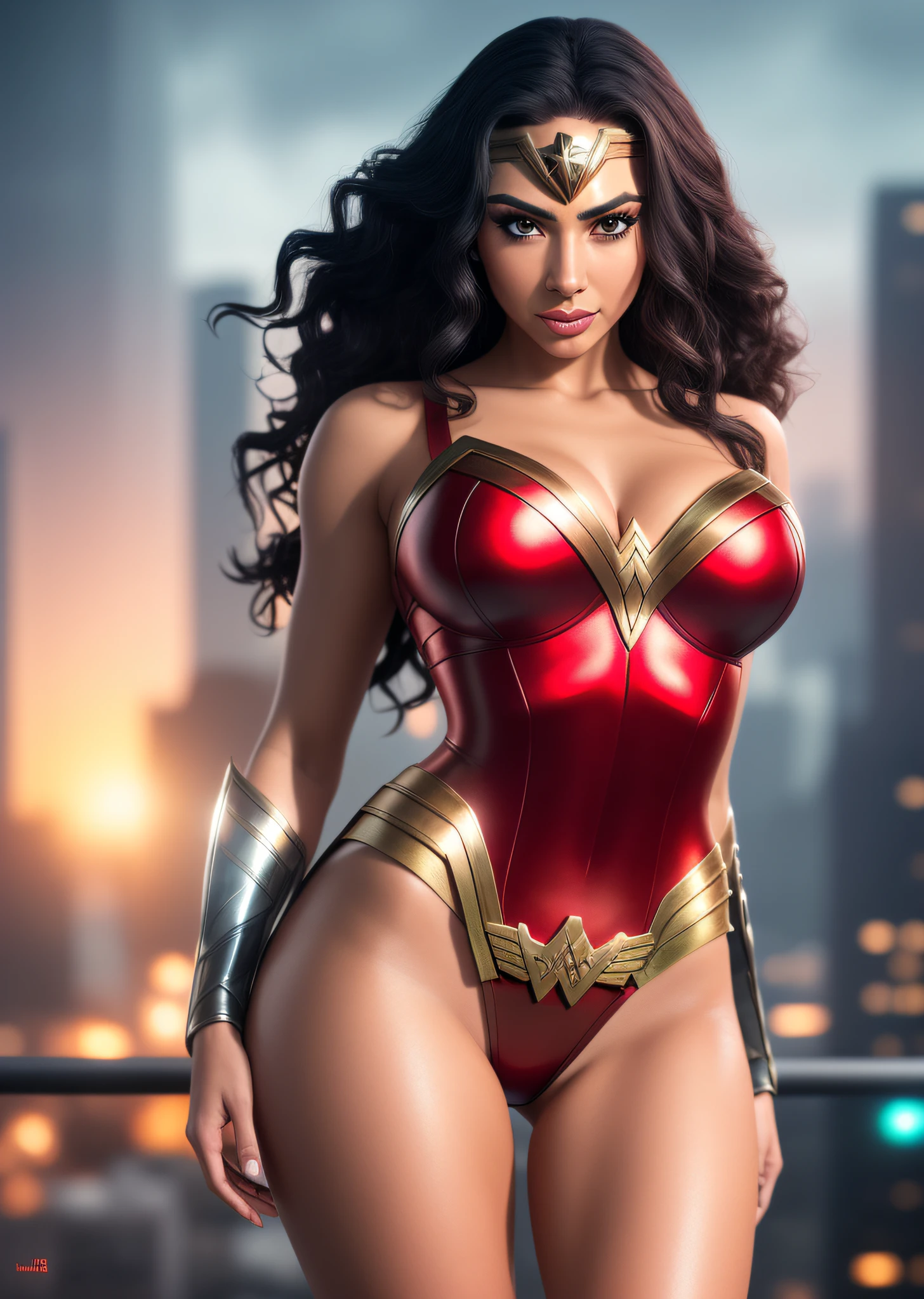 Anitta, highly detailed cosplay Wonder Woman, (panties), wet legs, large breasts, lush ass, in superhero pose, hourglass body, long curly hair, detailed face, cinematic, maximum detail, city, night, storm, squat, looking at the viewer, mute colors, soft cinematic light, crazy detail, intricate detail, hyperdetail, masterpiece, 8k, (detail), hdr, high quality, ((high skin detail, skin detail)),  sharp focus, 8k uhd, DSLR, high quality, film grain