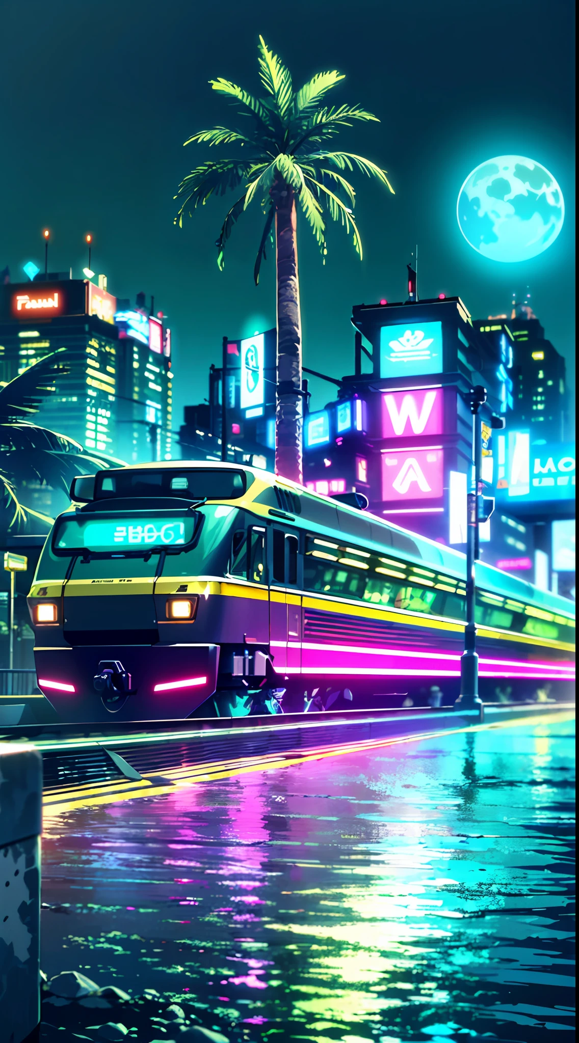 (masterpiece, detailed, high resolution:1.4), retrowave moon, train, open wet road, transformer, cyberpunk, cyberpunk 2077, cyberpunk night city neon background, sea, beach, palm trees, green-blue glitch effect, violet-pink neon glow, fluorescent yellow, light green, purple, mint