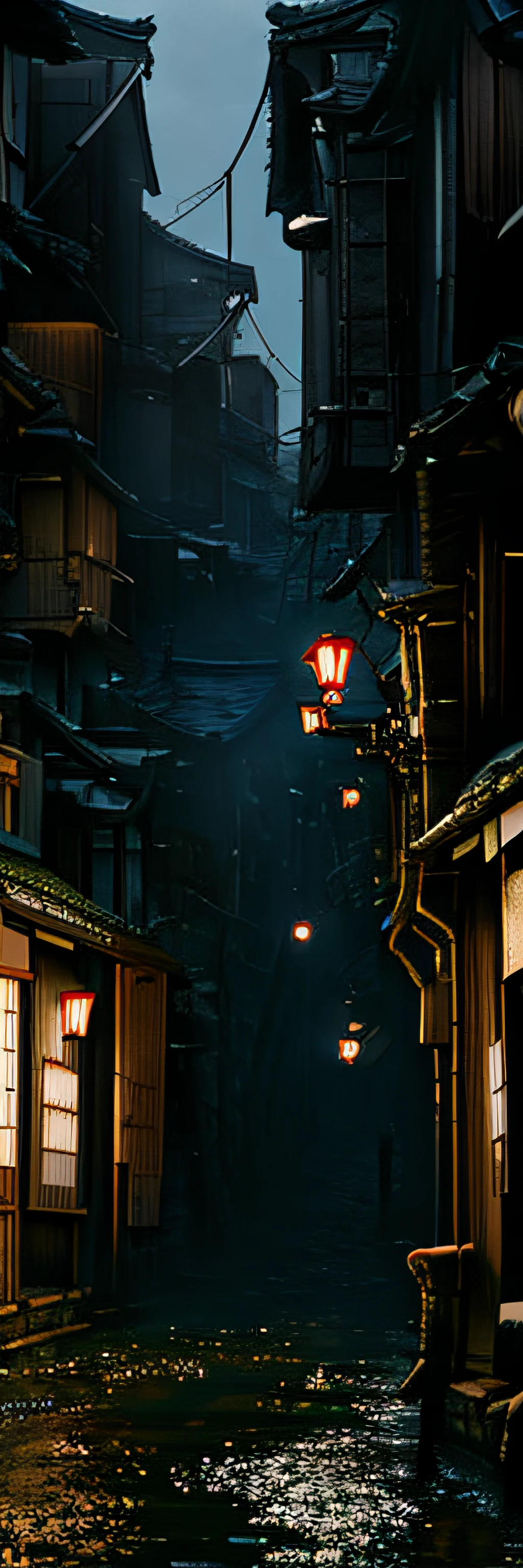 night, city of water, submerged city of Kyoto, Kyomachiya, mansion of Japan residence, Kyoto of Japan, city of Kyoto integrated with forest, road is a river, flowing water, decadent and devastated Kyoto, city of Kyoto flooded and covered with forest trees, Japan-like wooden building surrounded by moss and trees, lanterns, lanterns, fishing lanterns, RAW photos of landscapes, detail, photorealistic, ultra-realistic photos, 8k UHD, DSLR, soft lighting, High quality, film grain, FUJIFILM XT3, (masterpiece), human POV, human eye level, jungle, intense rainfall, monochromatic color, vines everywhere, huge wet trees, masterpiece, highest quality, very elaborate CG Unity 8K wallpaper, oil painting, award-winning photography, bokeh, depth of field, HDR, bloom, chromatic aberration, photorealistic, very detail, Art Station, CGSociety trend, complexity, high detail, dramatic, art-by-mid-journey, volumetric lighting