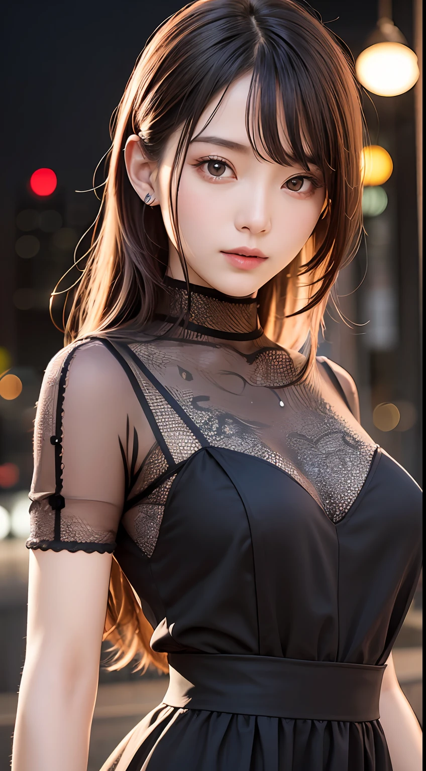 Masterpiece, 1 Beautiful Girl, Detailed Eyes, Swollen Eyes, Top Quality, Ultra High Resolution, (Reality: 1.4), Cinematic Lighting, Japanese, Asian Beauty, Korean, Very Beautiful, Beautiful Skin, Slender, Body Facing Forward, (Ultra Realistic), (High Resolution), (8K), (Very Detailed), ( Best Illustration), (beautifully detailed eyes), (super detailed), (wallpaper), detailed face, bright lighting, professional lighting, looking at viewer, facing straight ahead, outfit is neat white shirt and dress, 46 point slanted bangs, night view, black hair (some red hair with mesh),