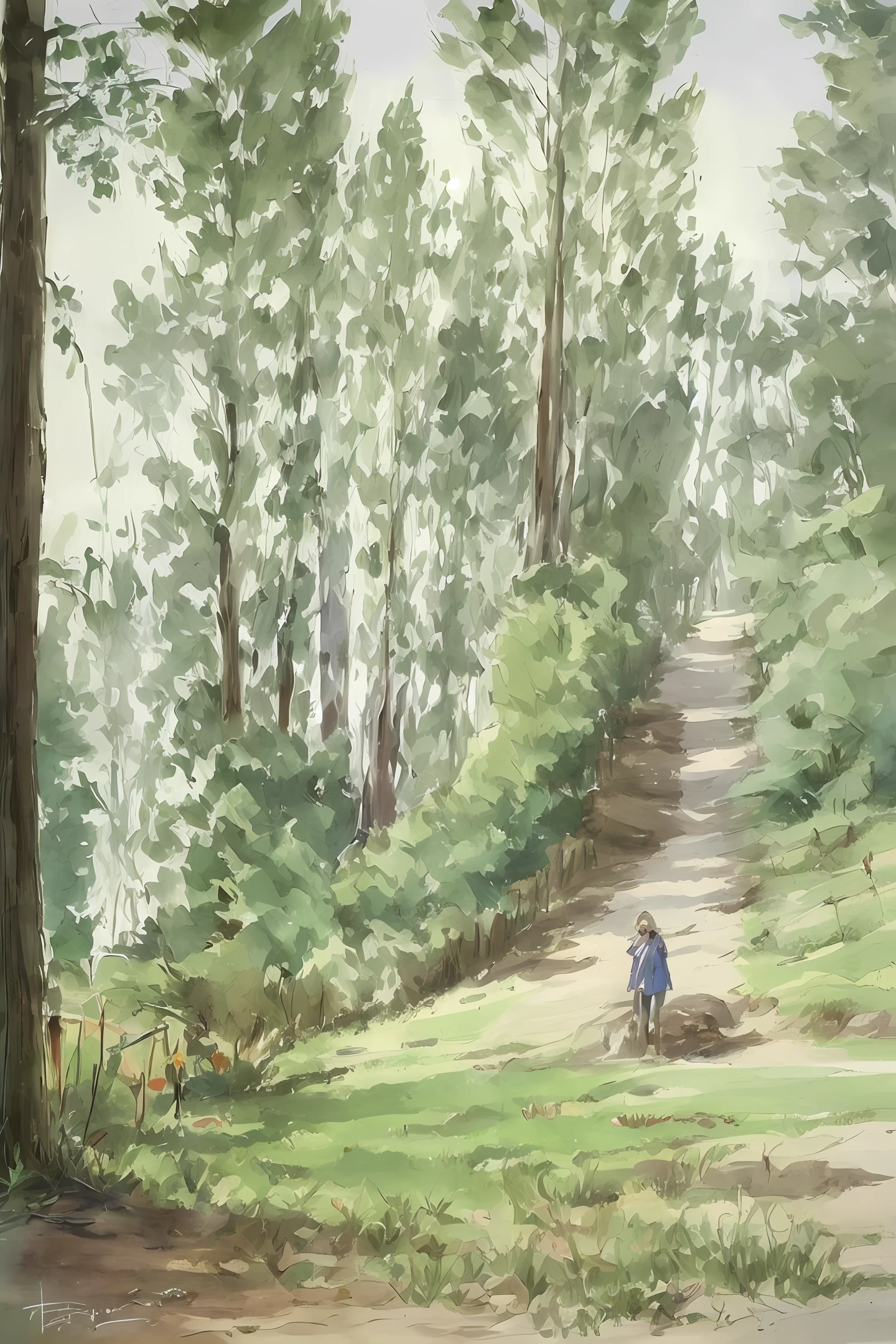 may \(pokemon\), forest, cloudy sky, 1girl, solo, portrait, from side, looking at viewer, smile, closed mouth, shirt,