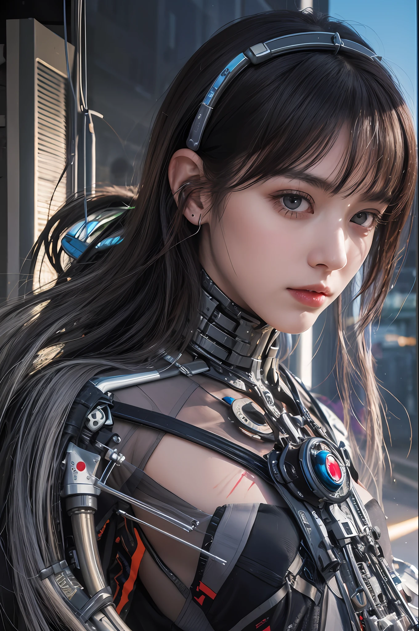 Top Quality, Masterpiece, Ultra High Resolution, (Photorealistic: 1.4), Raw Photo, 1 Girl, Black Hair, Glossy Skin, 1 Mechanical Girl, (Ultra Realistic Detail)), Portrait, Global Illumination, Shadows, Octane Rendering, 8K, Ultra Sharp, Big, Cleavage Exposed Raw Skin, Metal, Intricate Ornament Details, Headset, Hydraulic cylinder, very intricate details, realistic light, CGSoation trend, purple eyes, glowing eyes, facing the camera, neon details, mechanical limbs, blood vessels connected to the tube, mechanical vertebrae attached to the back, mechanical cervical attachment to the neck, sitting, wires and cables connecting to the head, evangelion, cyberpunk, small LED lamp, The background is the cockpit of a futuristic spaceship,