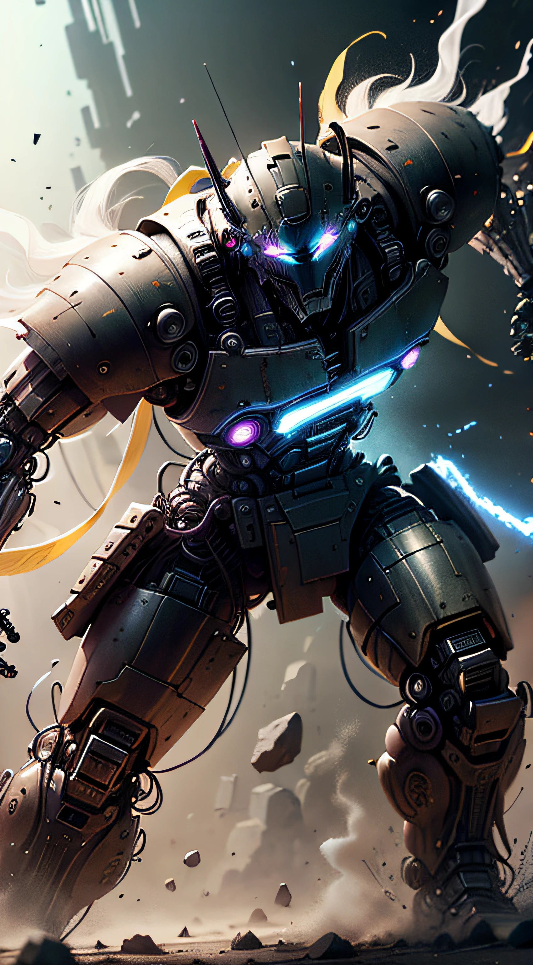 cybernetic samurai, extremely strong anime, robot samurai, white background, random colored art, blue yellow colors, light purple and violet additions, light red additions, intricate details, --auto
