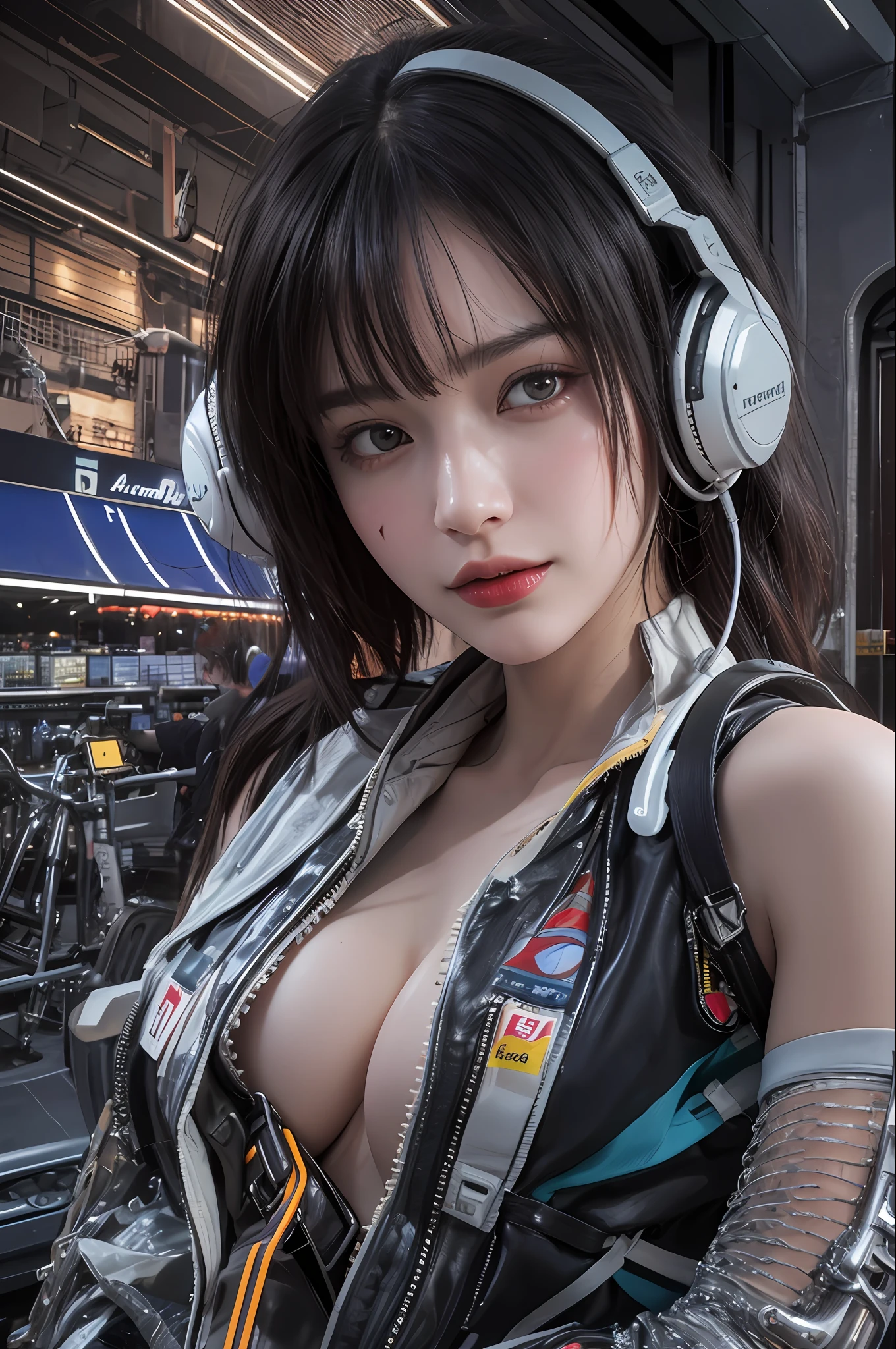 Top Quality, Masterpiece, Ultra High Resolution, (Photorealistic: 1.4), Raw Photo, 1 Girl, Black Hair, Glossy Skin, 1 Mechanical Girl, (Ultra Realistic Detail)), Portrait, Global Illumination, Shadows, Octane Rendering, 8K, Ultra Sharp, Big, Cleavage Exposed Raw Skin, Metal, Intricate Ornament Details, Headset, Hydraulic cylinder, very intricate details, realistic light, CGSoation trend, purple eyes, glowing eyes, facing the camera, neon details, mechanical limbs, blood vessels connected to the tube, mechanical vertebrae attached to the back, mechanical cervical attachment to the neck, sitting, wires and cables connecting to the head, evangelion, cyberpunk, small LED lamp, The background is the cockpit of a futuristic spaceship,