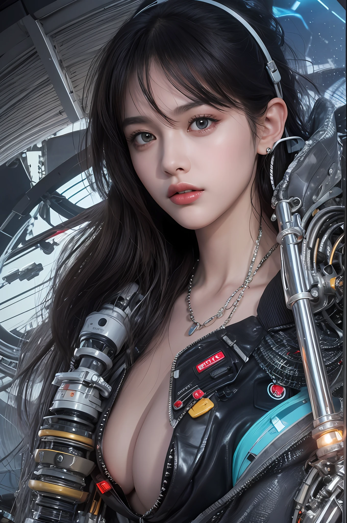 Top Quality, Masterpiece, Ultra High Resolution, (Photorealistic: 1.4), Raw Photo, 1 Girl, Black Hair, Glossy Skin, 1 Mechanical Girl, (Ultra Realistic Detail)), Portrait, Global Illumination, Shadows, Octane Rendering, 8K, Ultra Sharp, Big, Cleavage Exposed Raw Skin, Metal, Intricate Ornament Details, Headset, Hydraulic cylinder, very intricate details, realistic light, CGSoation trend, purple eyes, glowing eyes, facing the camera, neon details, mechanical limbs, blood vessels connected to the tube, mechanical vertebrae attached to the back, mechanical cervical attachment to the neck, sitting, wires and cables connecting to the head, evangelion, cyberpunk, small LED lamp, The background is the cockpit of a futuristic spaceship,