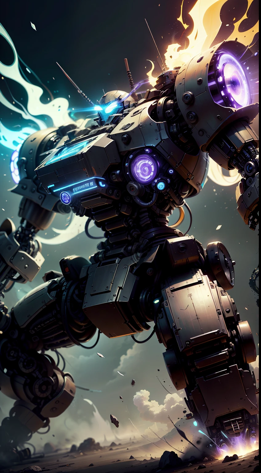 cybernetic samurai, extremely strong anime, robot samurai, white background, random colored art, blue yellow colors, light purple and violet additions, light red additions, intricate details, --auto