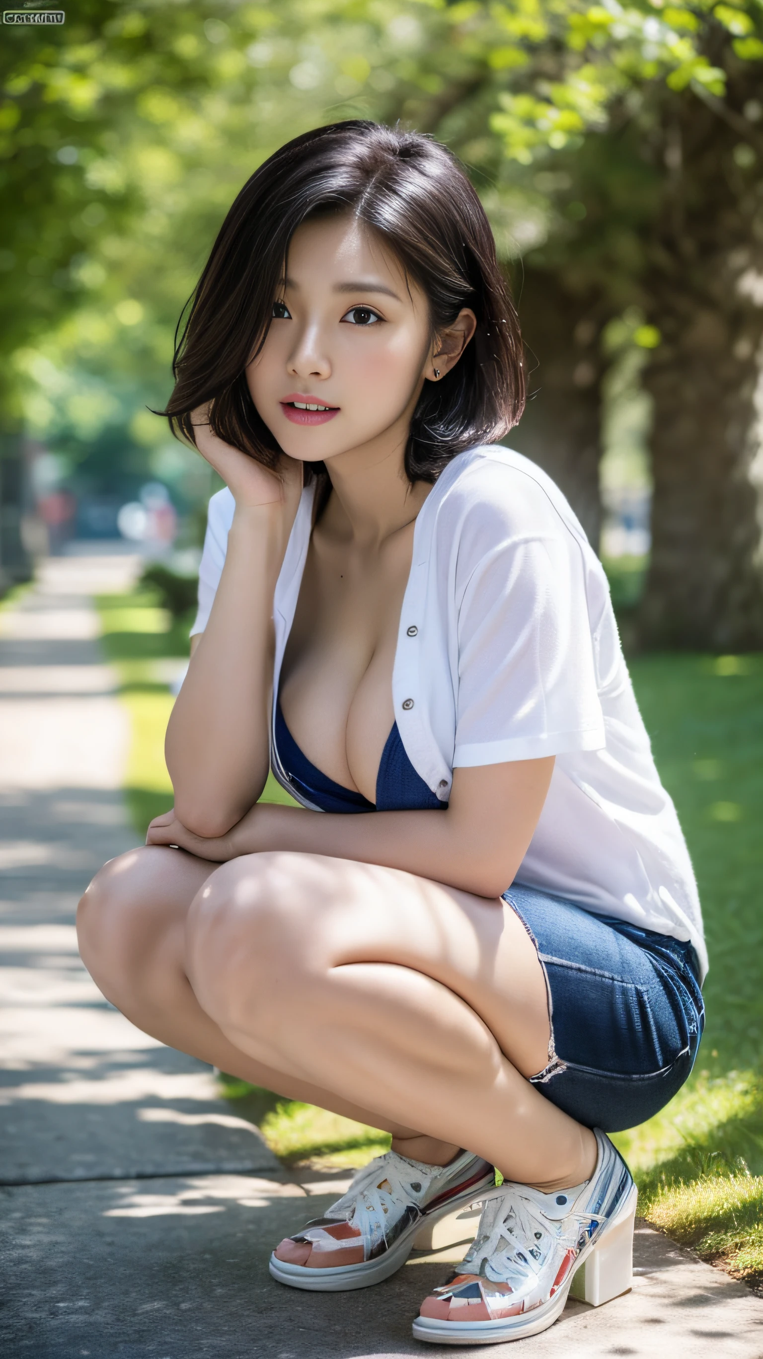 (Best quality, 8k, 32k, Masterpiece, UHD:1.2),Photo of Pretty Japanese woman,black short hair,beauty face,(leaning forward:1.3),squatting,(from above:1.2),(close up:1.4),pov,loose t-shirt,large breasts,(beautiful nipple slip:0.9),outdoors,windy,shiny skin,blurry background,