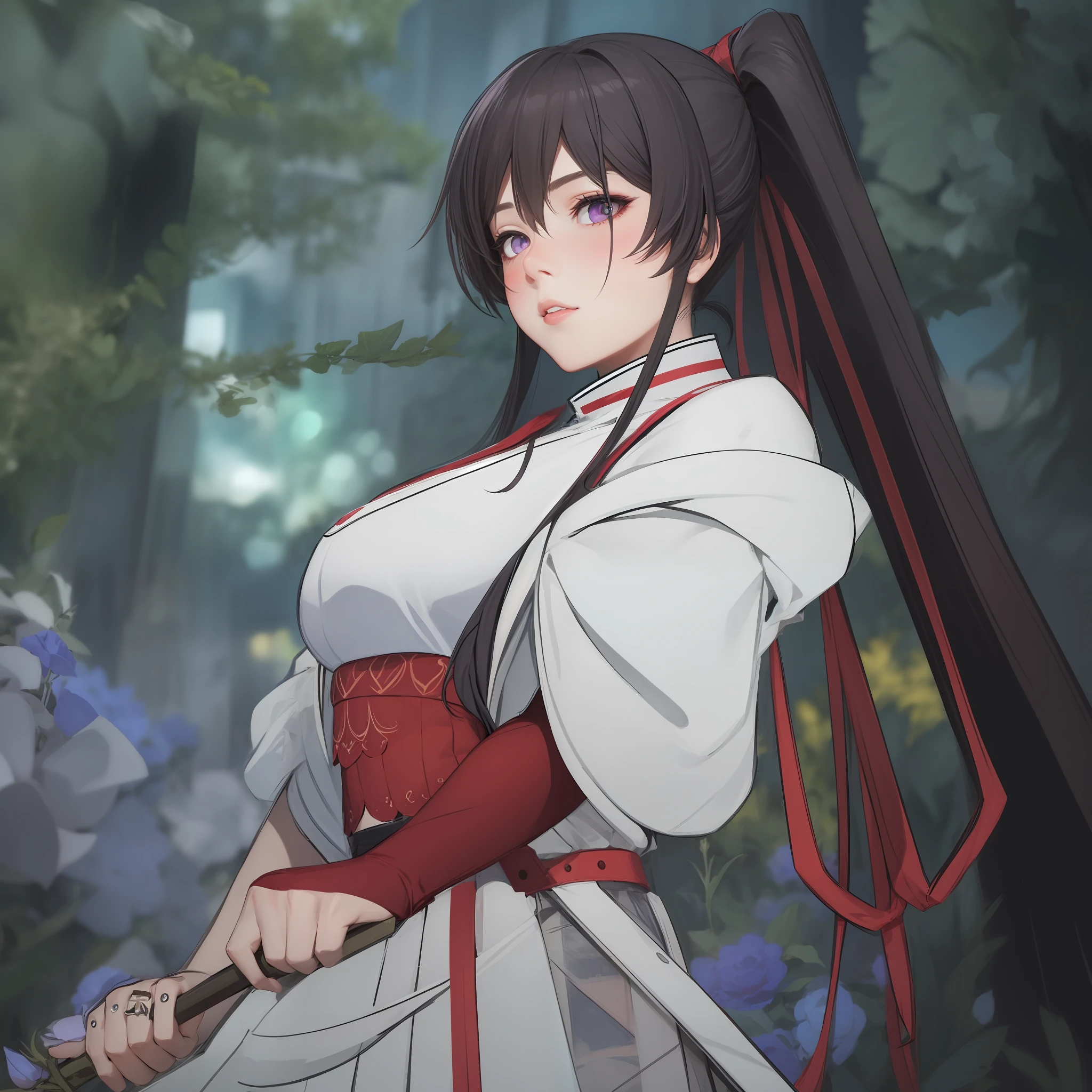 realistic, 1girl, white hair, purple eyes, glowing eyes, crop top, skirt, parted lips, blush, night, flowers, sun, sunlight,