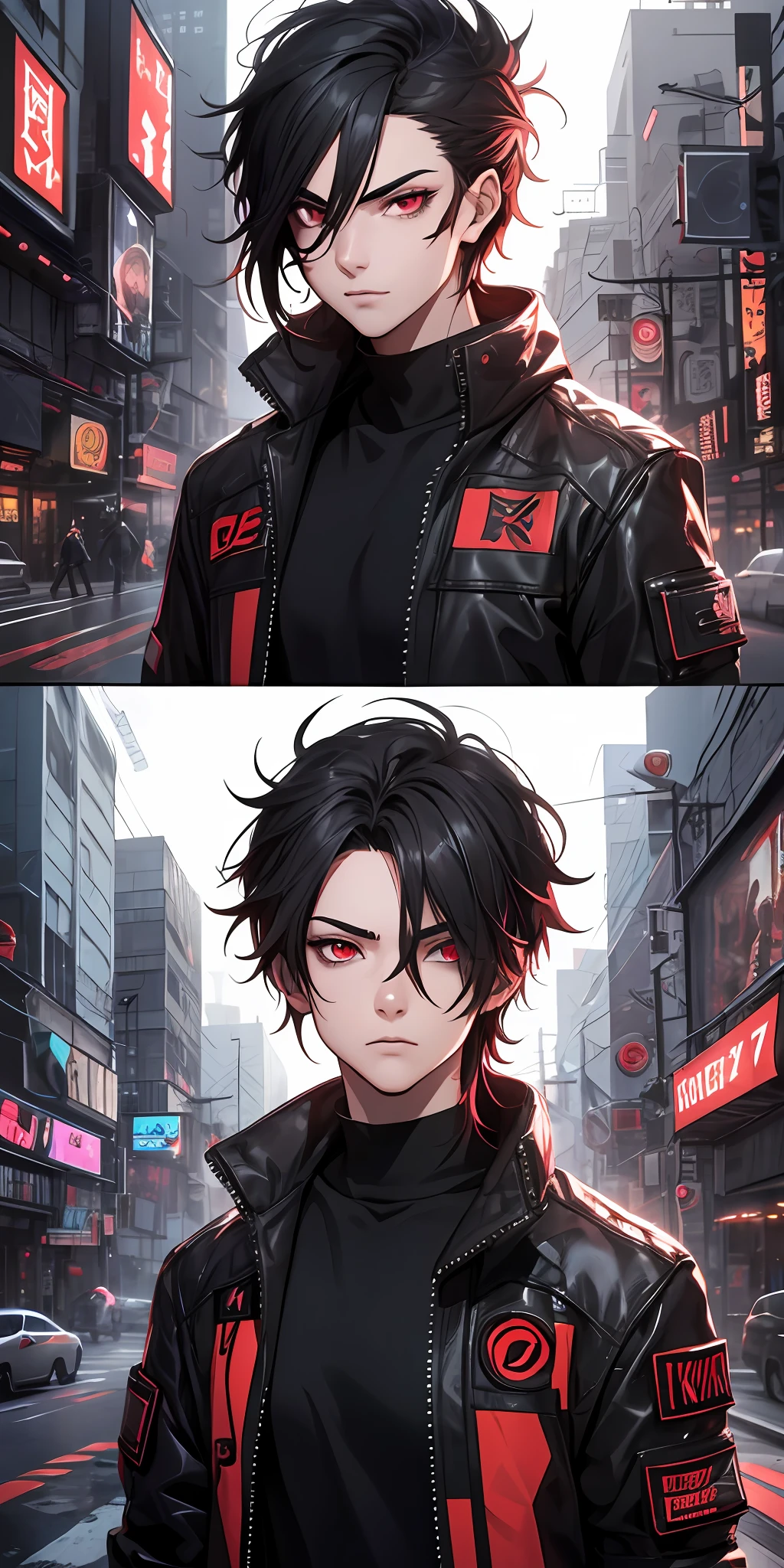 4k digital art of a red-eyed, black-haired, cyberpunk-style 2077 teenager. Teenager with a grim look.
